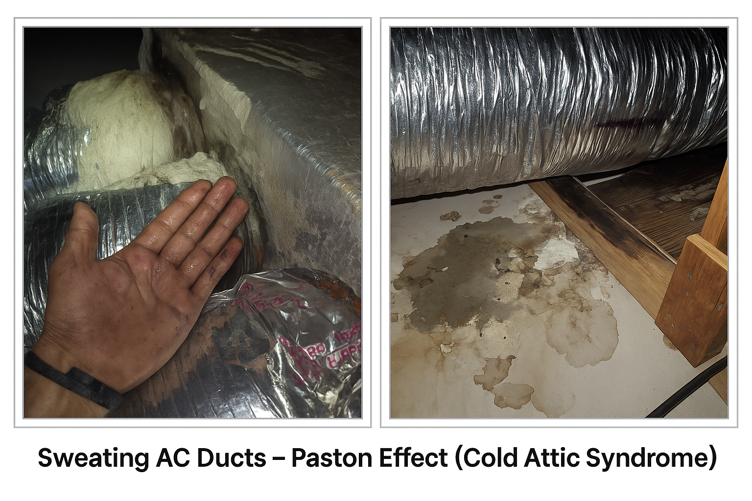 Sweating AC ducts and water damage from Paston Effect, also known as cold attic syndrome