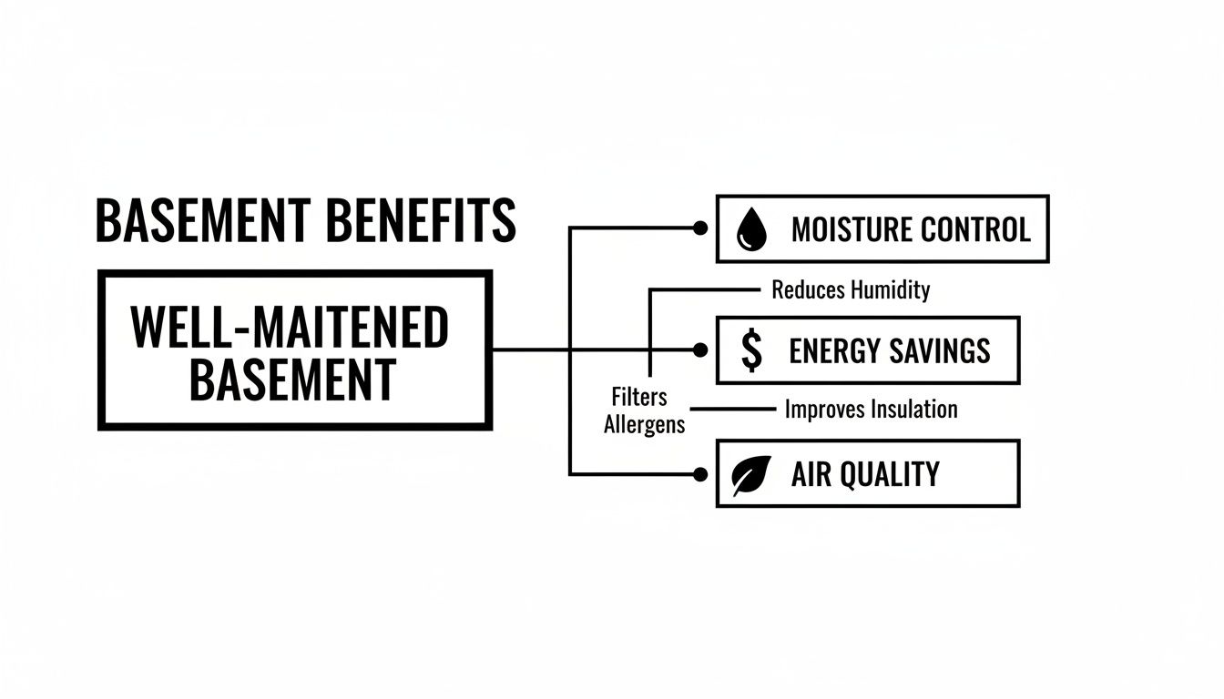 A diagram illustrating the benefits of a well-maintained basement, highlighting moisture control, energy savings, and improved air quality.