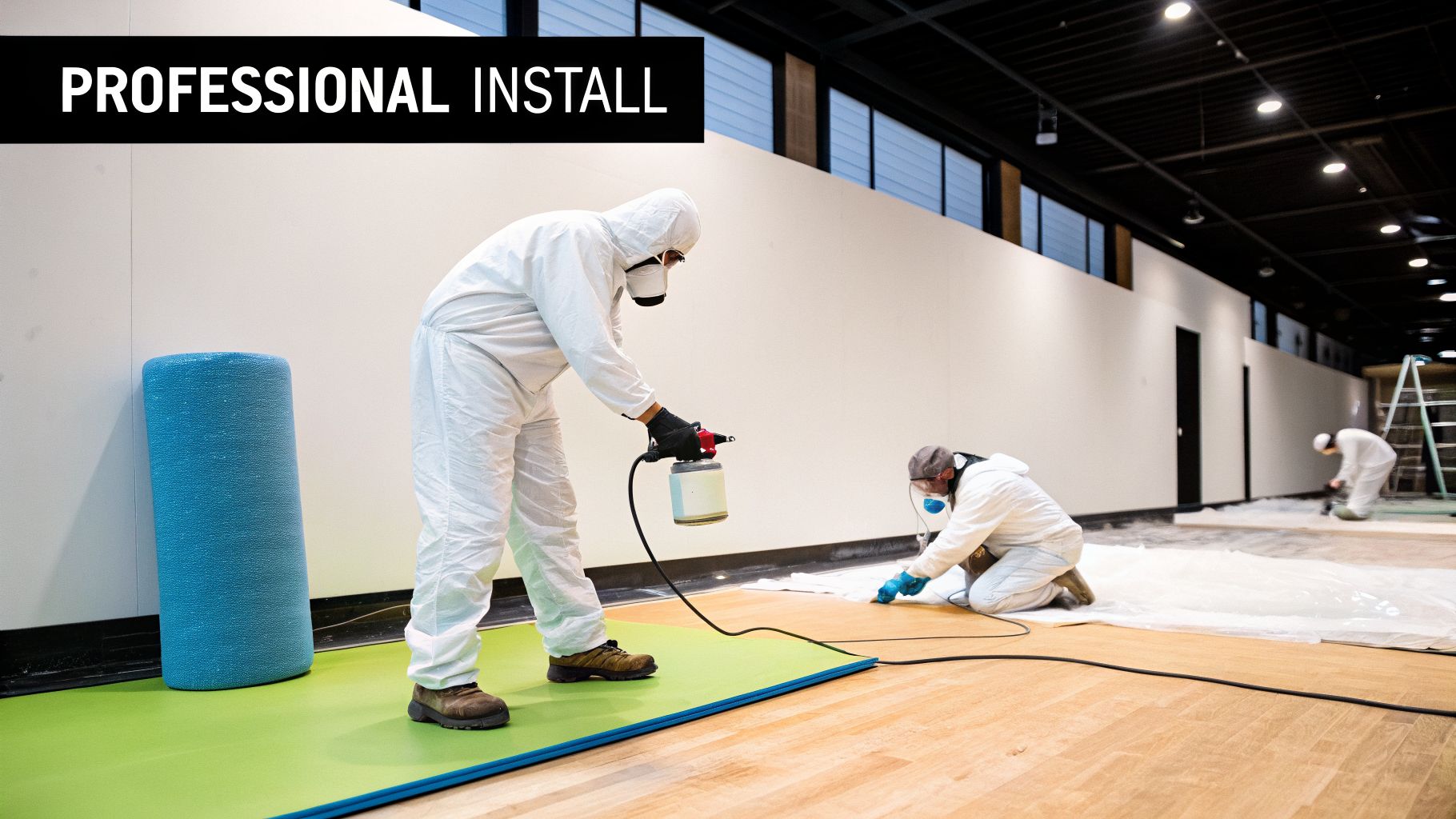 Three workers in protective suits professionally installing foam insulation in a large commercial room.