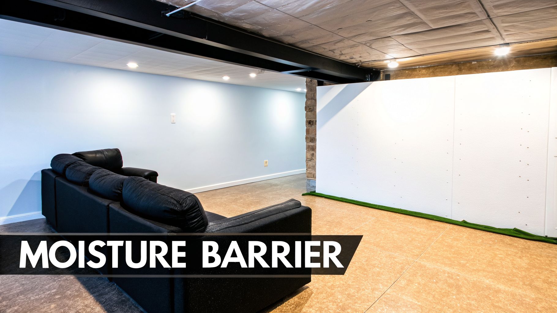 A finished basement with a black sofa, light blue walls, and a white moisture barrier installation.