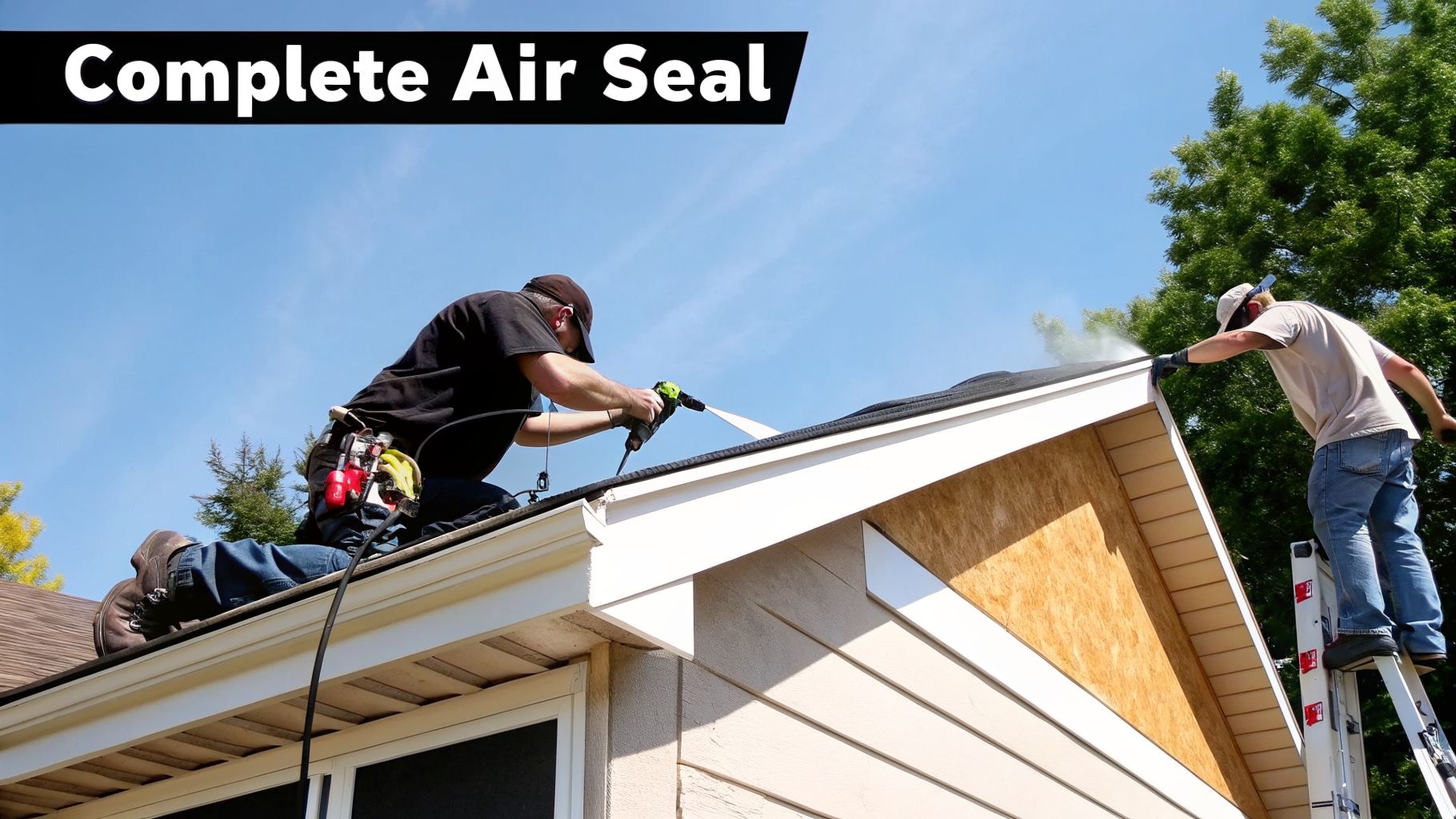 The Best Insulation for Heat in Hot Climates 2 Two construction workers applying a complete air seal to a house roof with spray equipment.