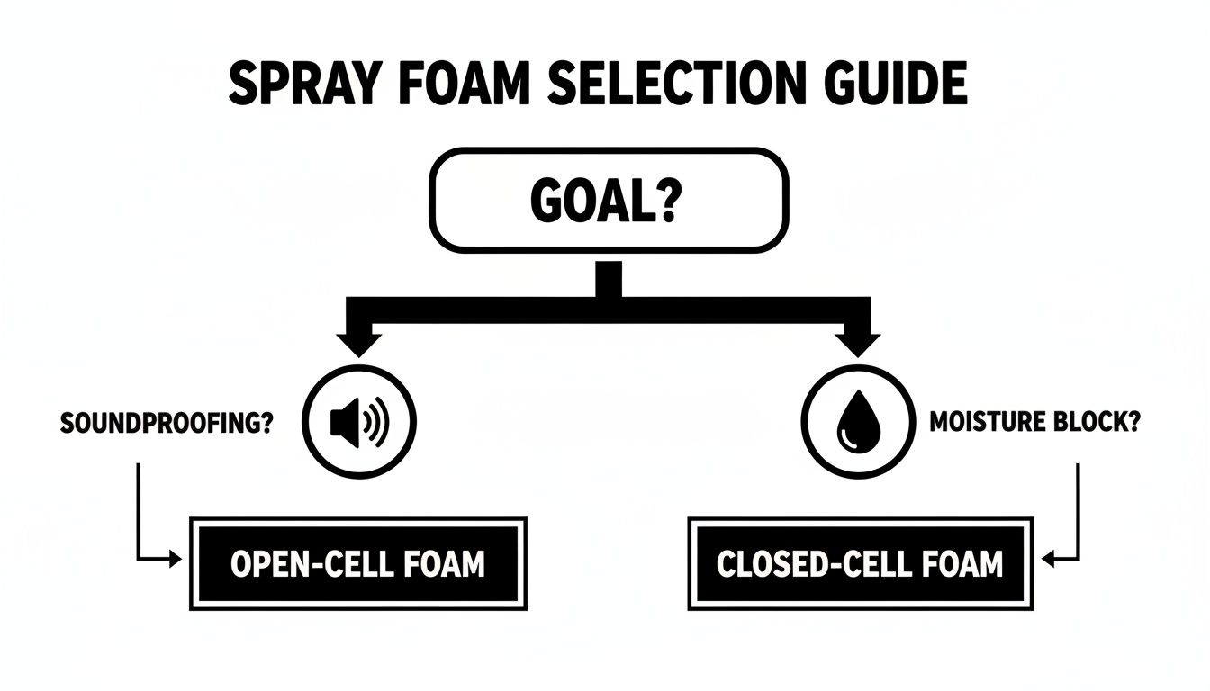 The Best Insulation for Heat in Hot Climates 4 Flowchart for spray foam selection: soundproofing suggests open-cell, while moisture block indicates closed-cell foam.