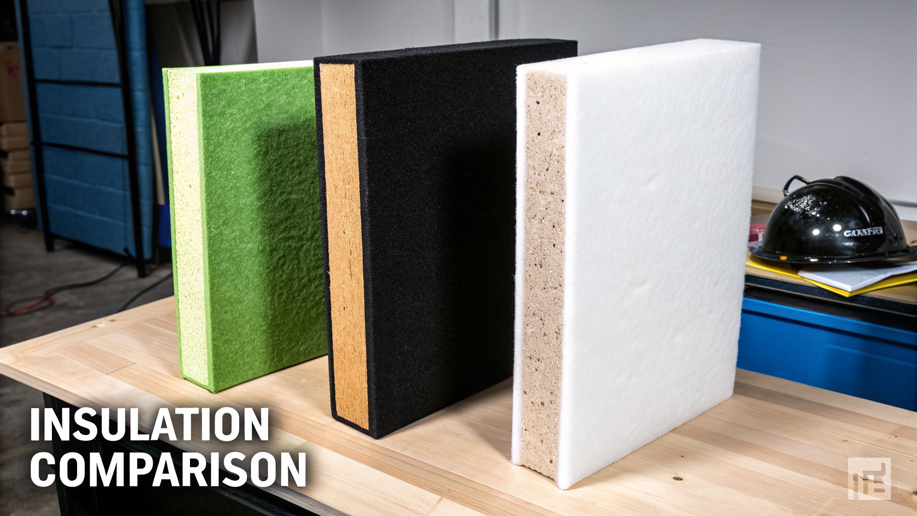 The Best Insulation for Heat in Hot Climates 3 Three different types of insulation materials are compared side-by-side on a wooden surface.