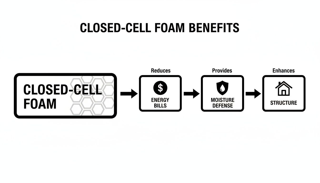 Flowchart illustrating the benefits of closed-cell foam: lower energy bills, moisture defense, and enhanced structure.