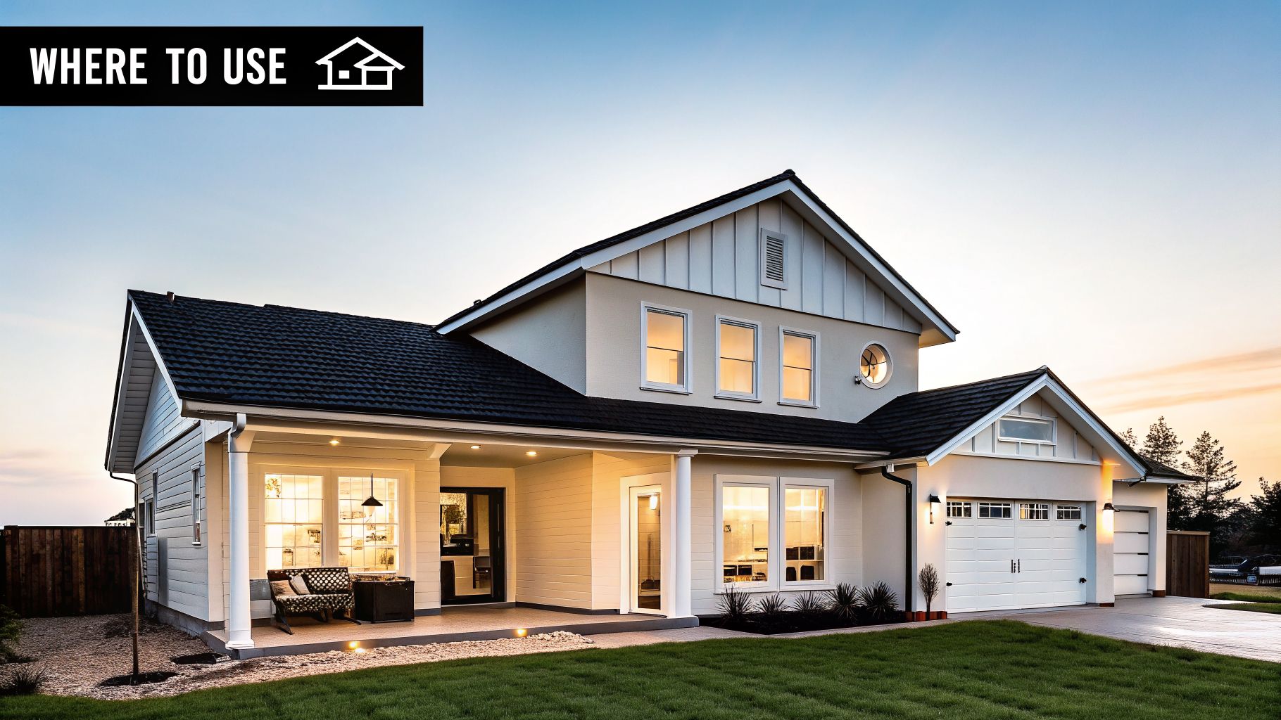 A large, modern house with a dark roof and light siding, illuminated by warm interior lights at dusk.