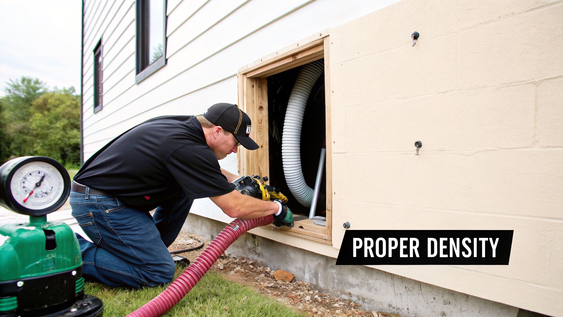 A worker uses a machine to blow insulation through a hose into a house's foundation opening.