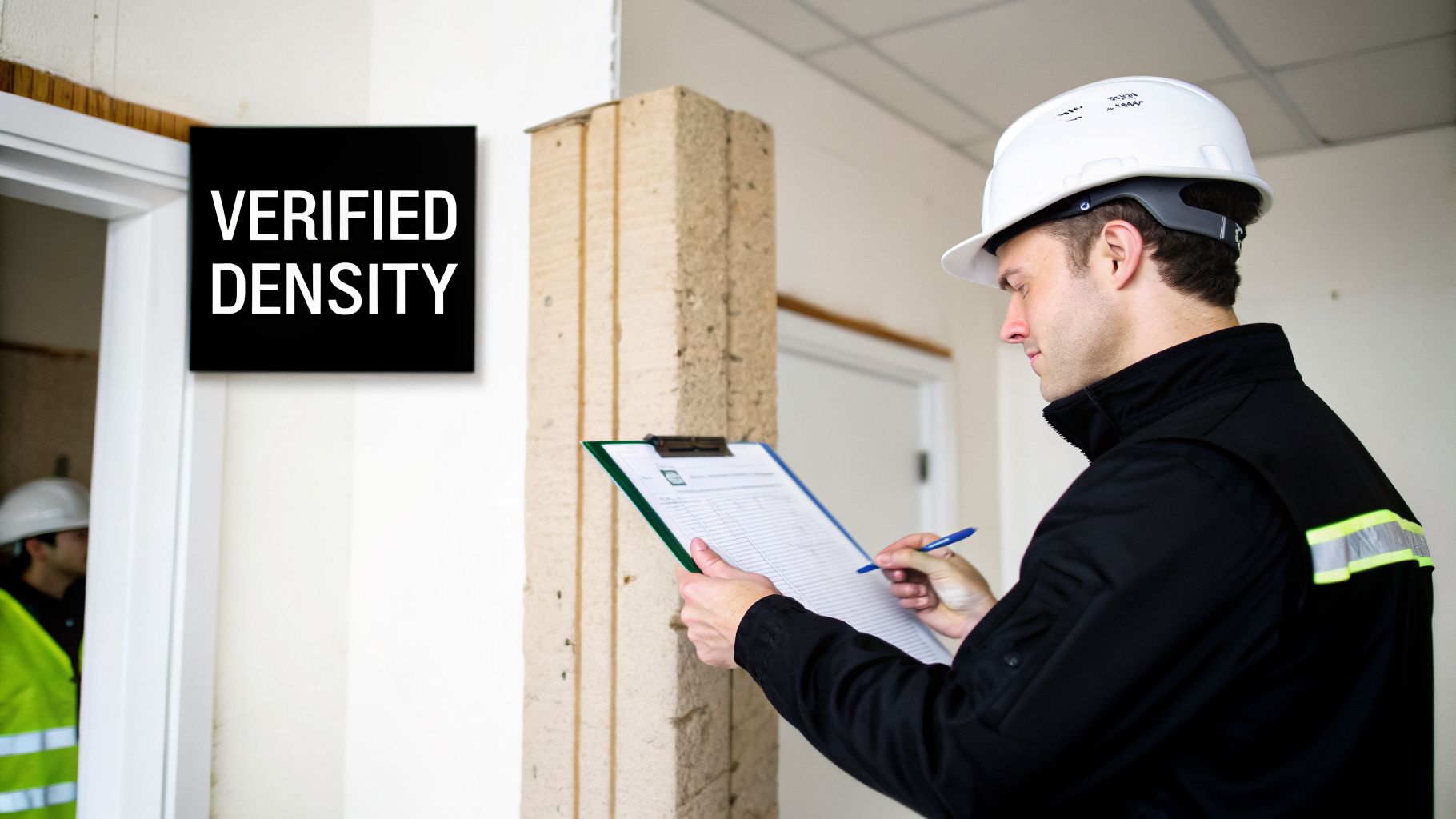 A man in a hard hat and work jacket inspects a "Verified Density" sign on a construction site.
