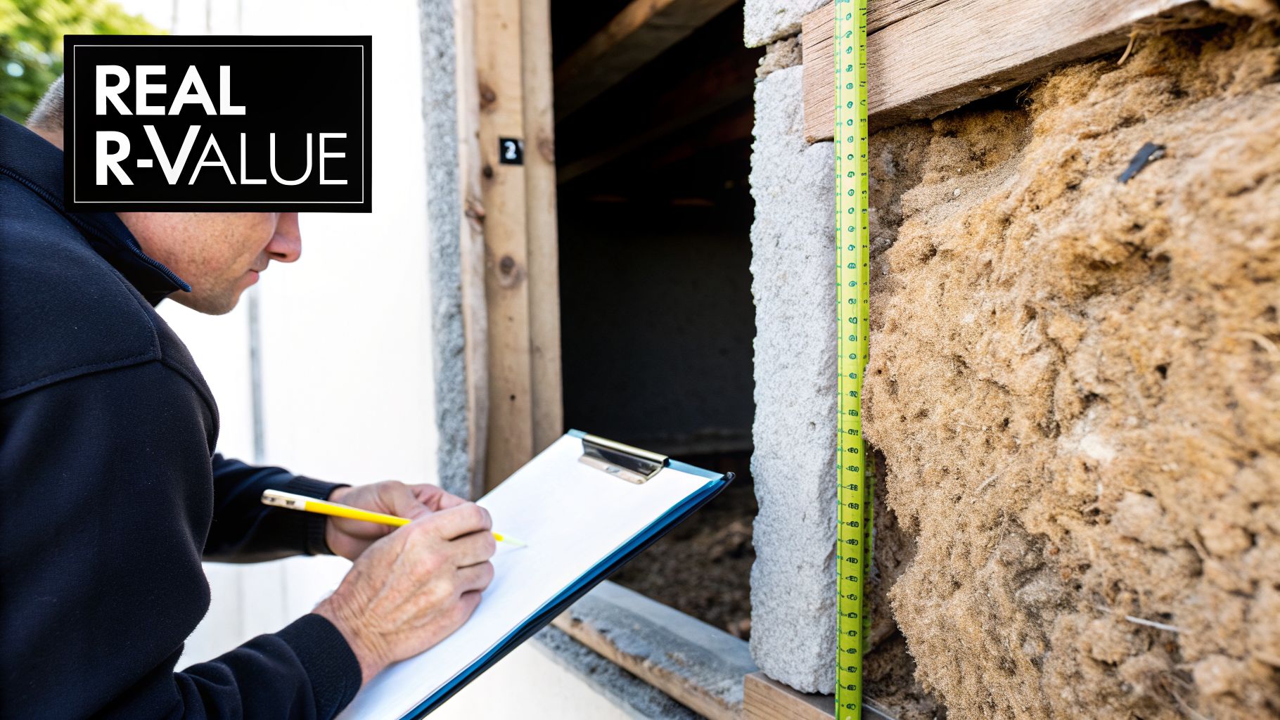 Man inspecting and measuring dense pack cellulose insulation in a wall with a tape.