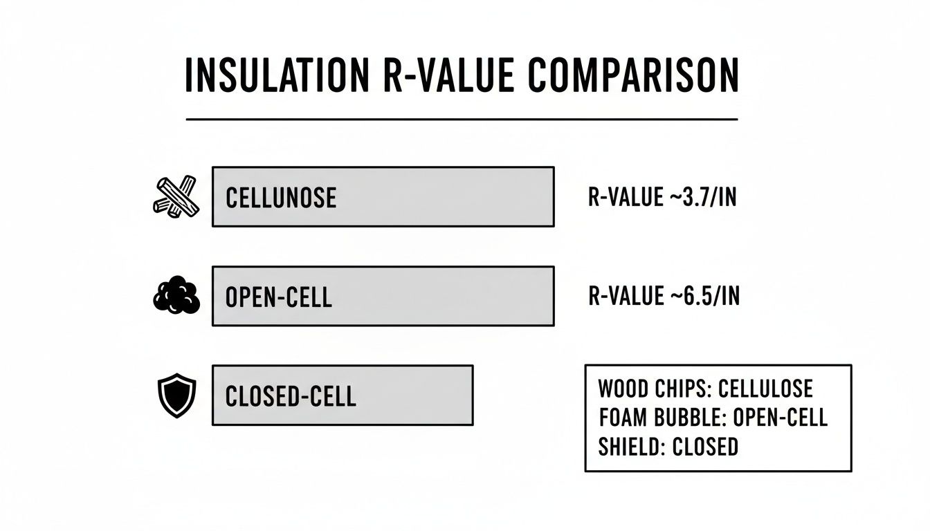 A comparison chart illustrating R-values per inch for Cellunose, Open-Cell, and Closed-Cell insulation types.
