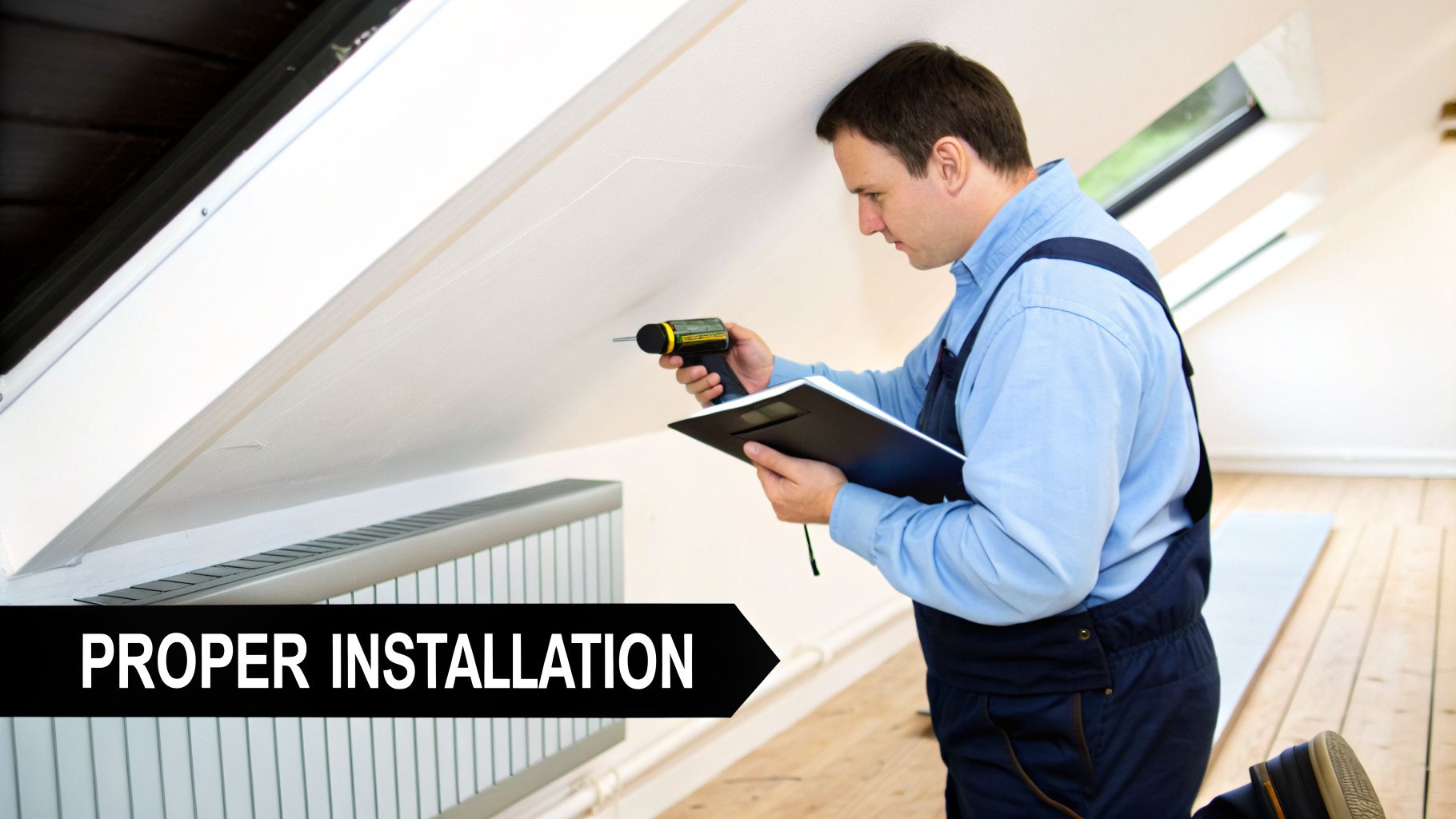A technician inspecting an attic ceiling with a measuring tool and clipboard, emphasizing proper installation.