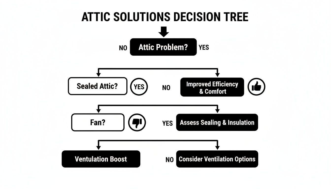 A decision tree diagram illustrating attic solutions, guiding choices based on problems, sealing, and ventilation.