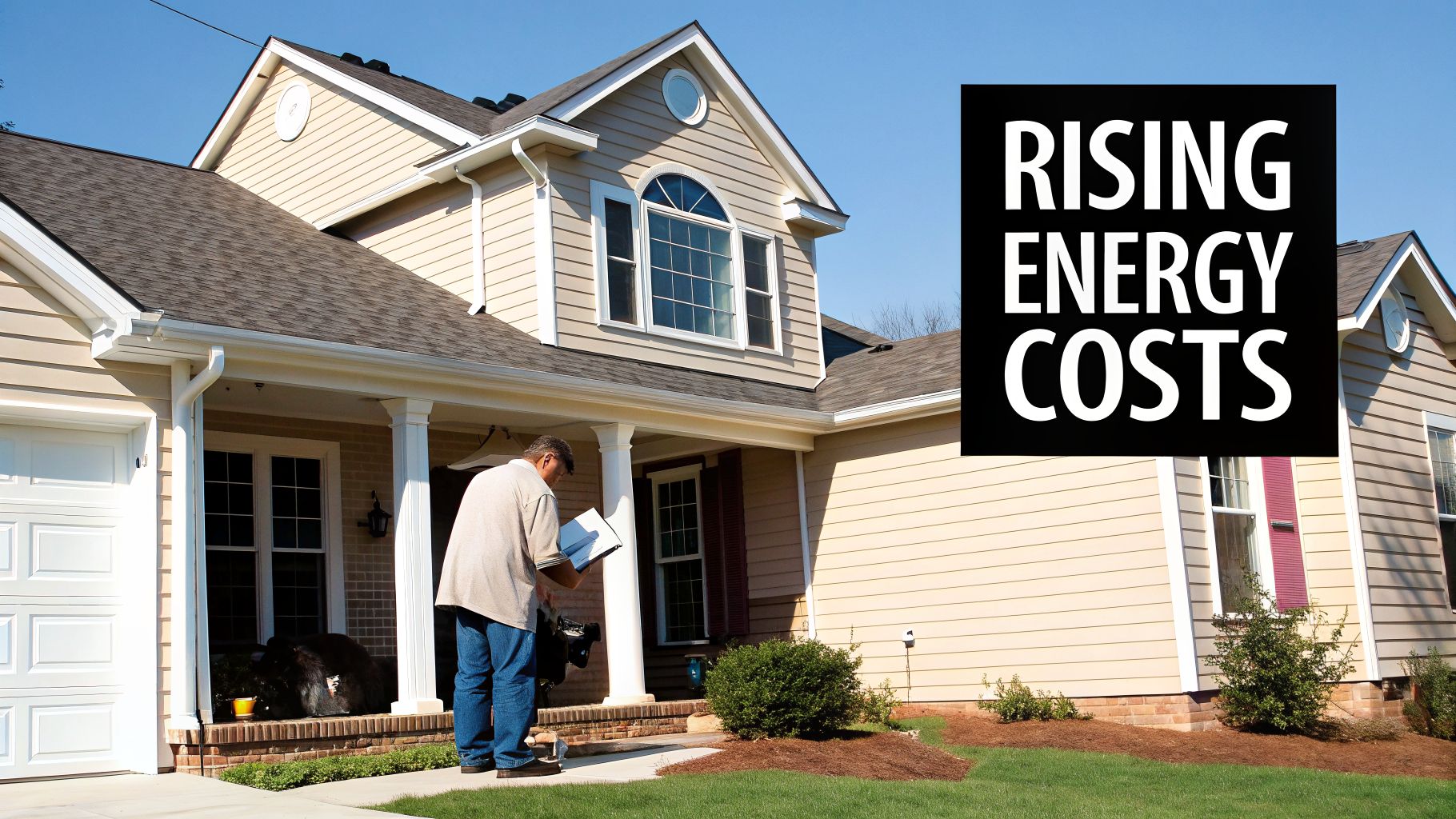 A man reviews documents on his porch, with text overlay "RISING ENERGY COSTS" over a house.