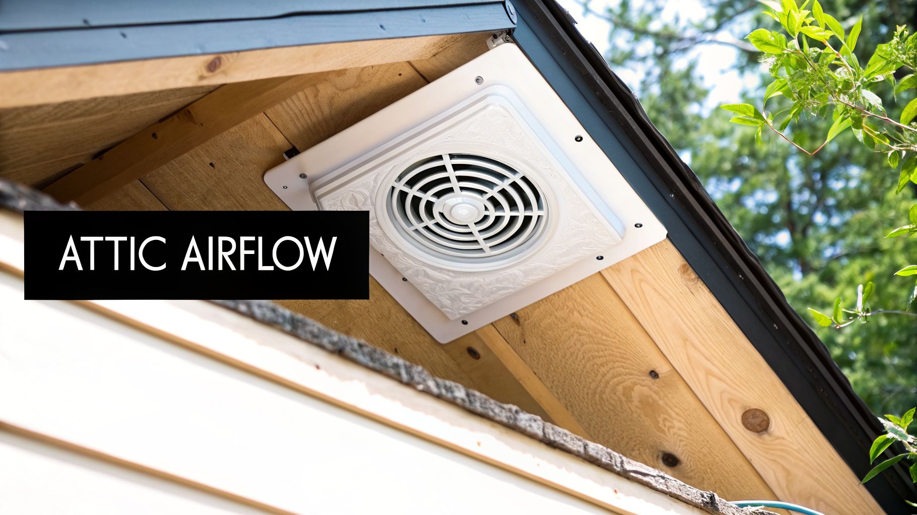 Close-up of a white attic fan installed on a wooden gable wall for attic airflow.