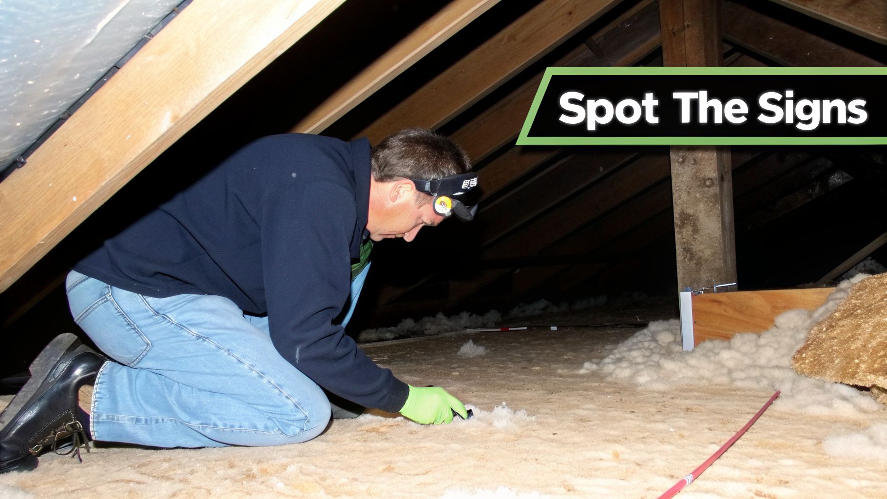 Man with headlamp and gloves inspecting insulation on the floor of a dark attic space.