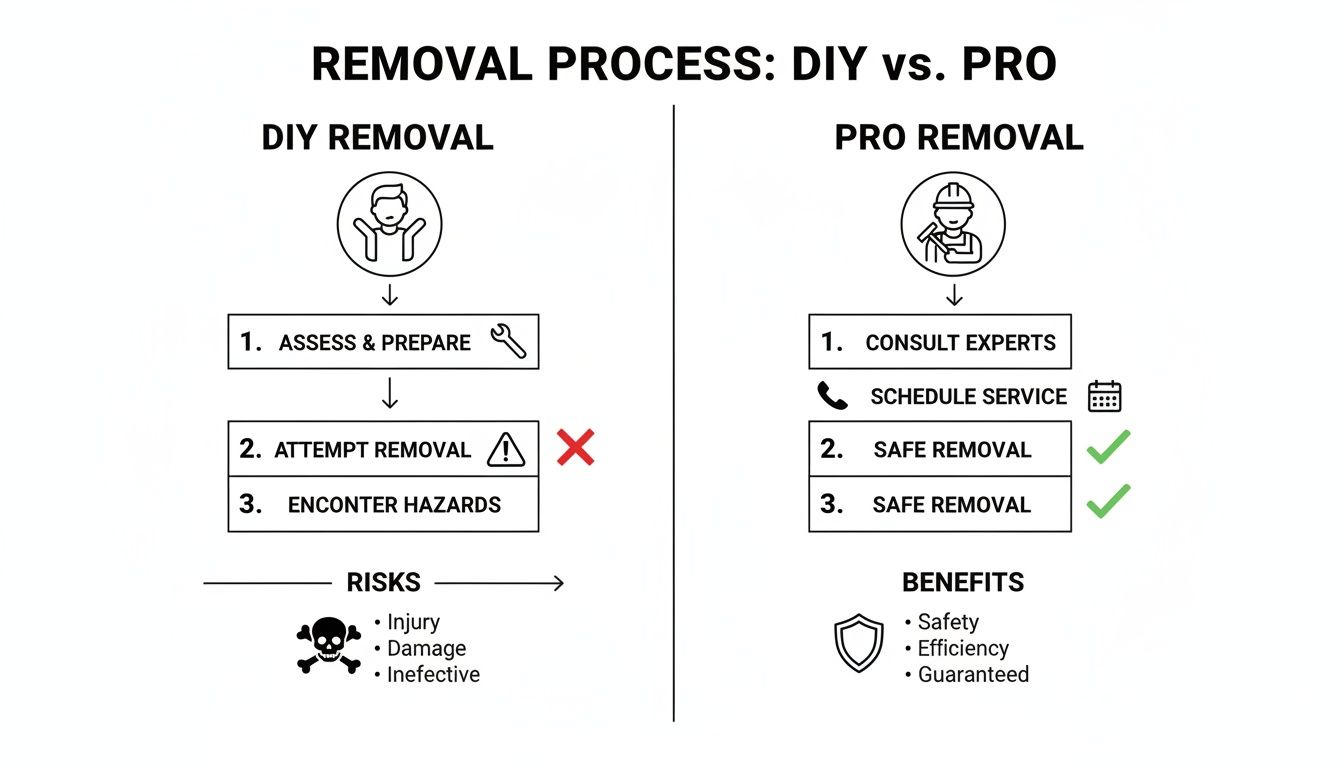 Infographic contrasting DIY removal risks like injury and damage with professional removal benefits of safety and efficiency.