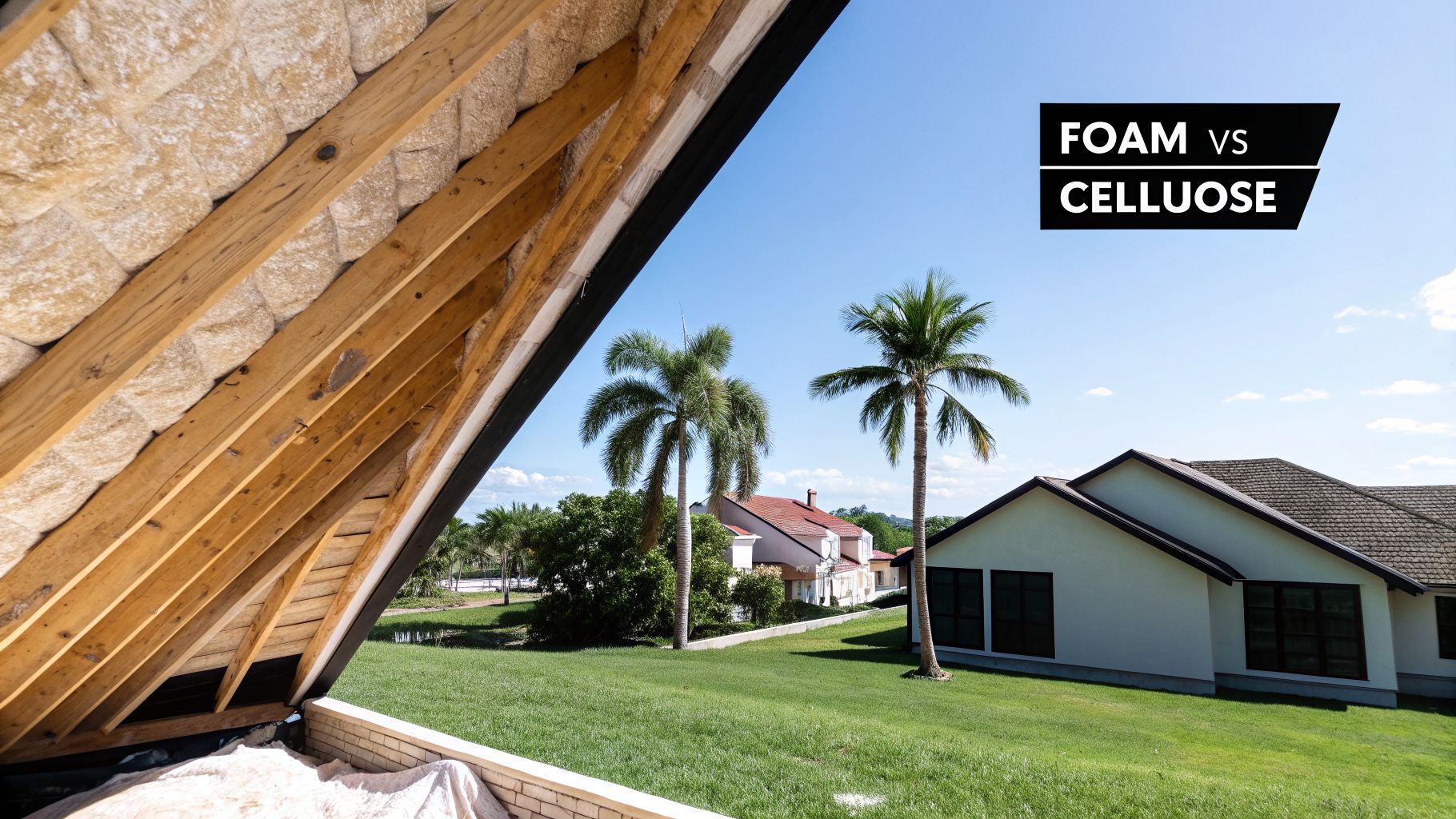 Foam Versus Cellulose Insulation A South Florida Guide 2 View from an attic opening revealing insulation between wooden beams, houses, palm trees, and a sunny sky.