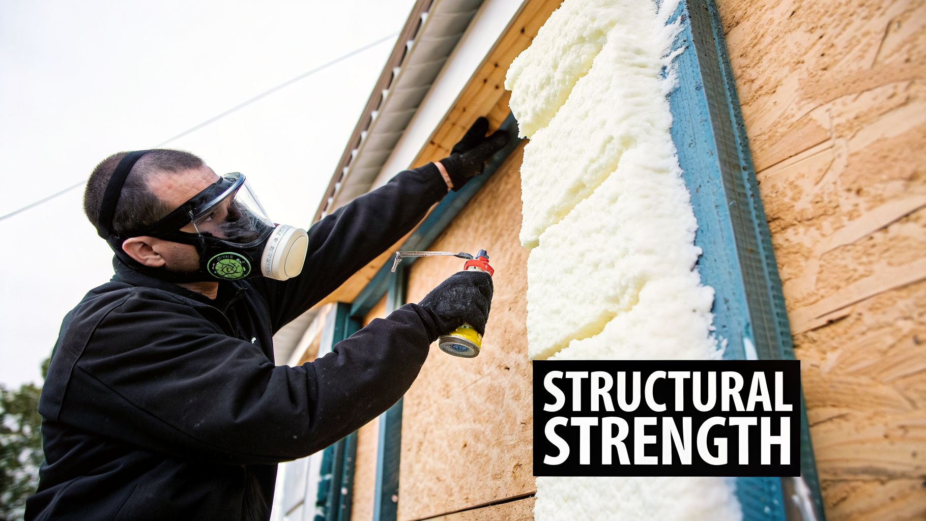 Foam Versus Cellulose Insulation A South Florida Guide 4 Worker in respirator mask applying spray foam insulation to a building wall, enhancing structural strength.