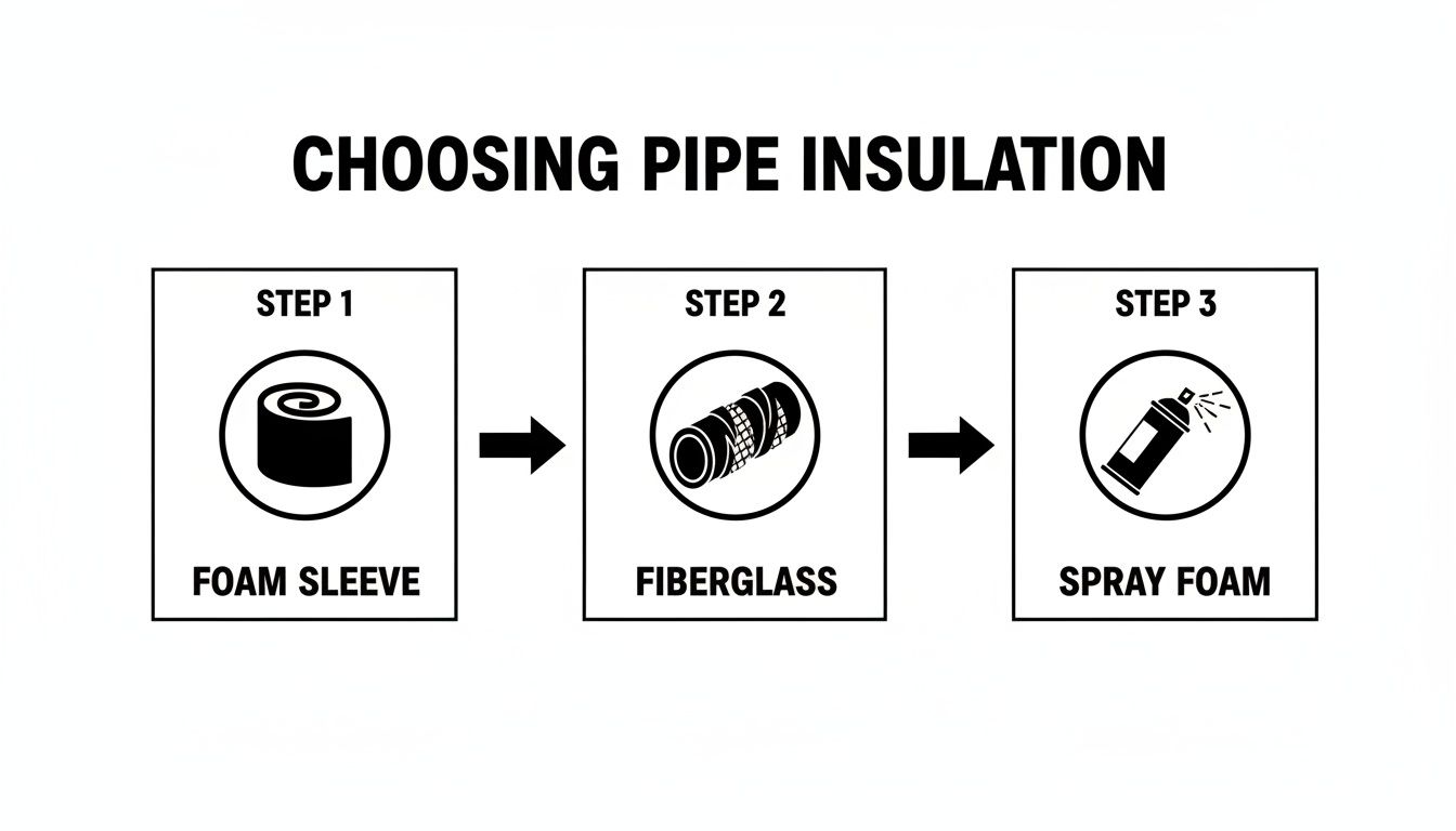 A diagram illustrating three steps for choosing pipe insulation: foam sleeve, fiberglass, and spray foam.