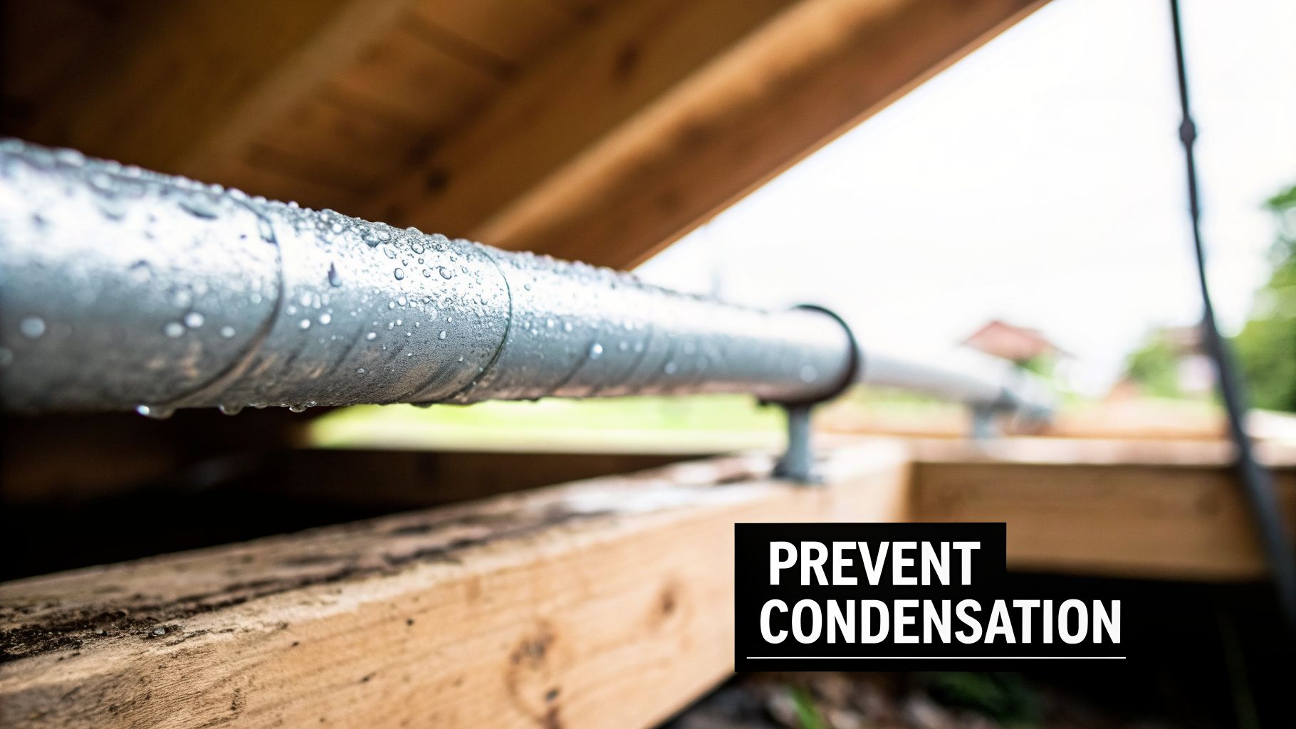 A close-up shot of a cold metal pipe covered in numerous water condensation droplets, supported by brackets, with wooden beams.