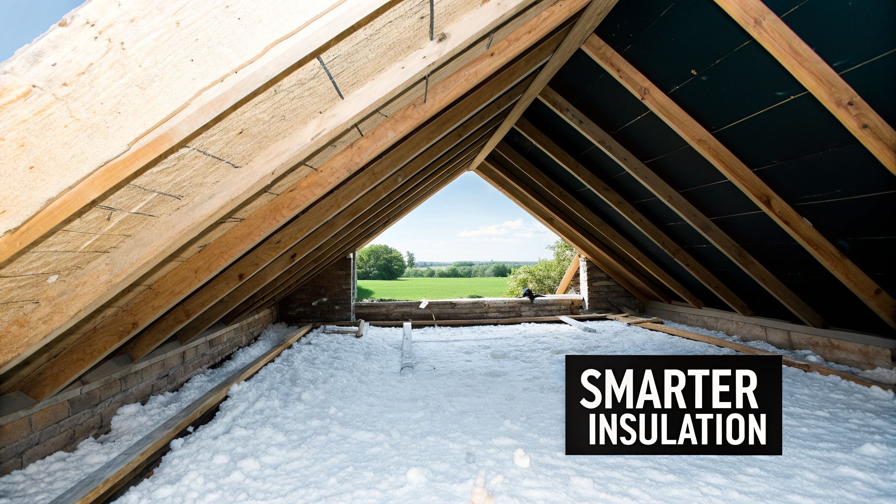 An attic under construction with white insulation on the floor, exposed wooden rafters, and a view of a sunny green field.