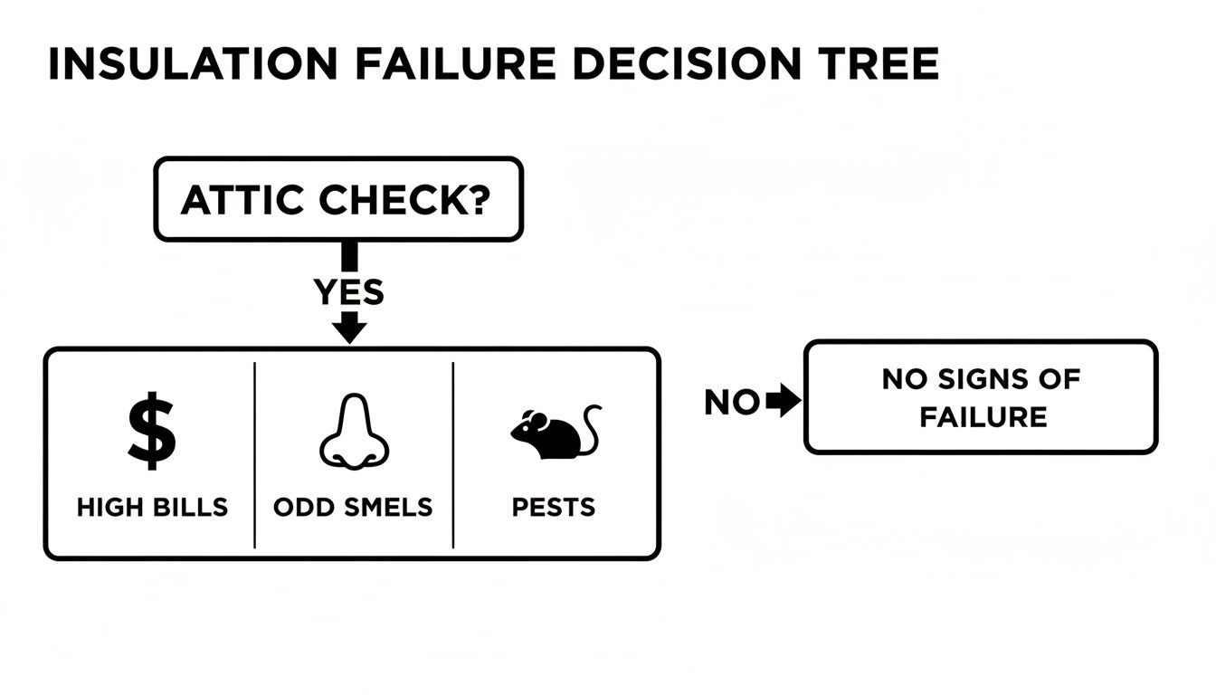 Insulation failure decision tree flowchart showing attic check, high bills, odd smells, and pests.