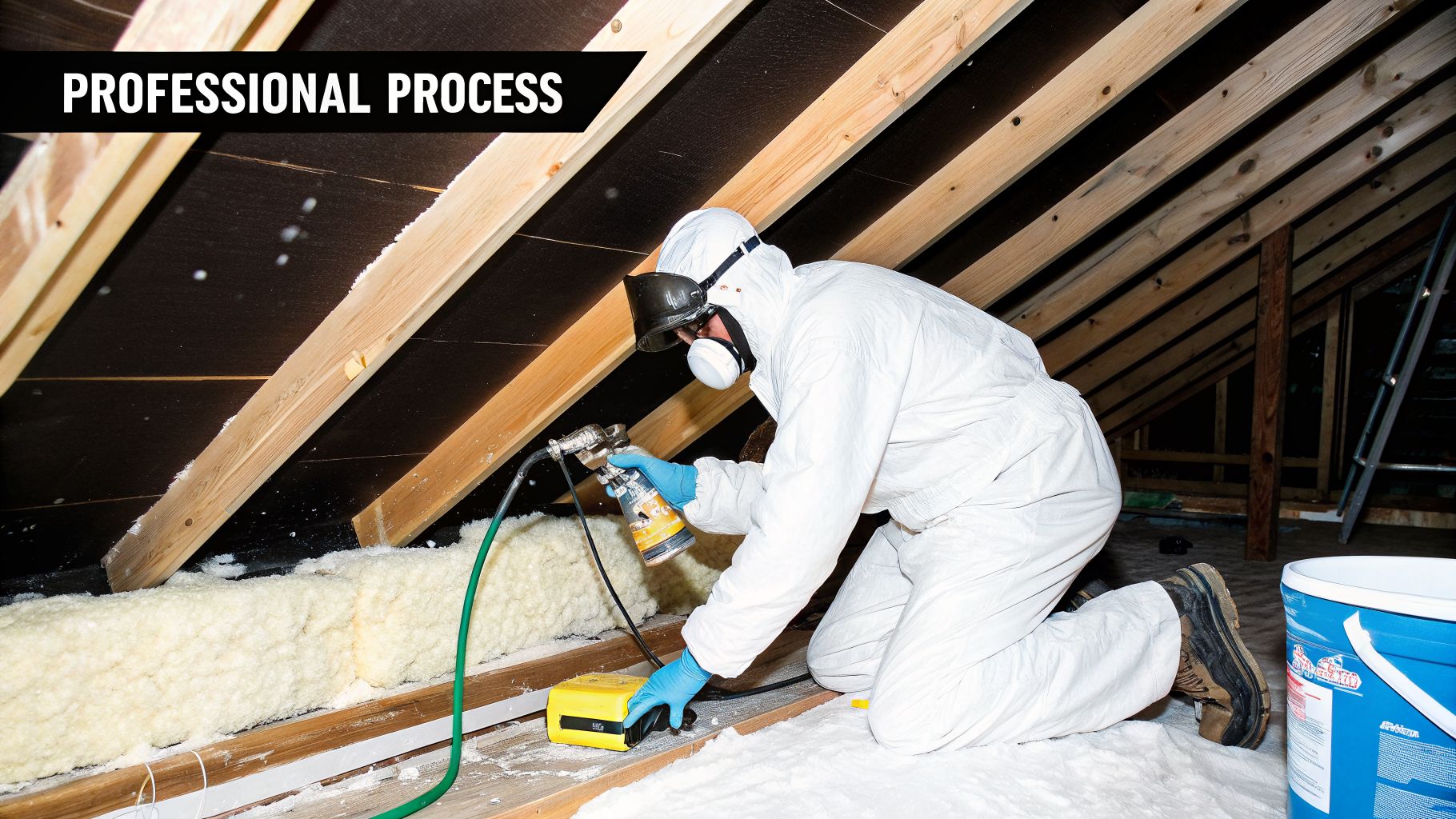 Professional technician in protective gear spraying new insulation in an attic.