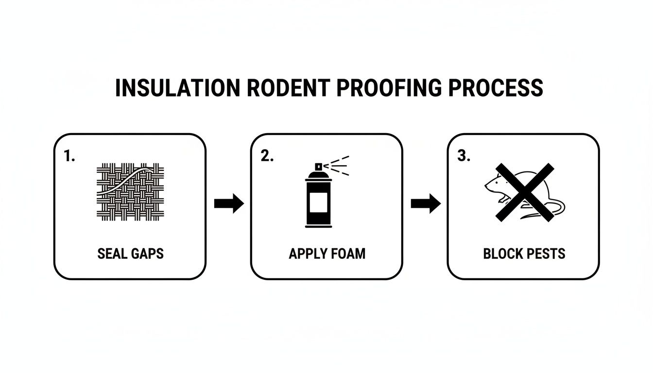 Diagram illustrating the three-step insulation rodent proofing process: seal gaps, apply foam, and block pests.
