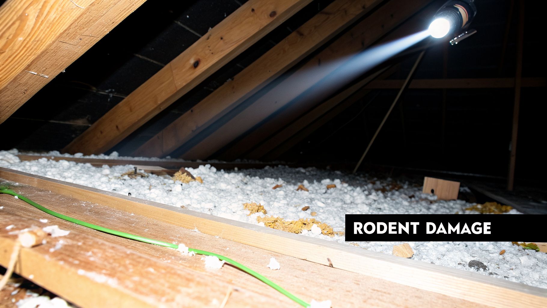 A flashlight beam illuminates an attic with disturbed white insulation, wooden beams, and signs of potential rodent damage.