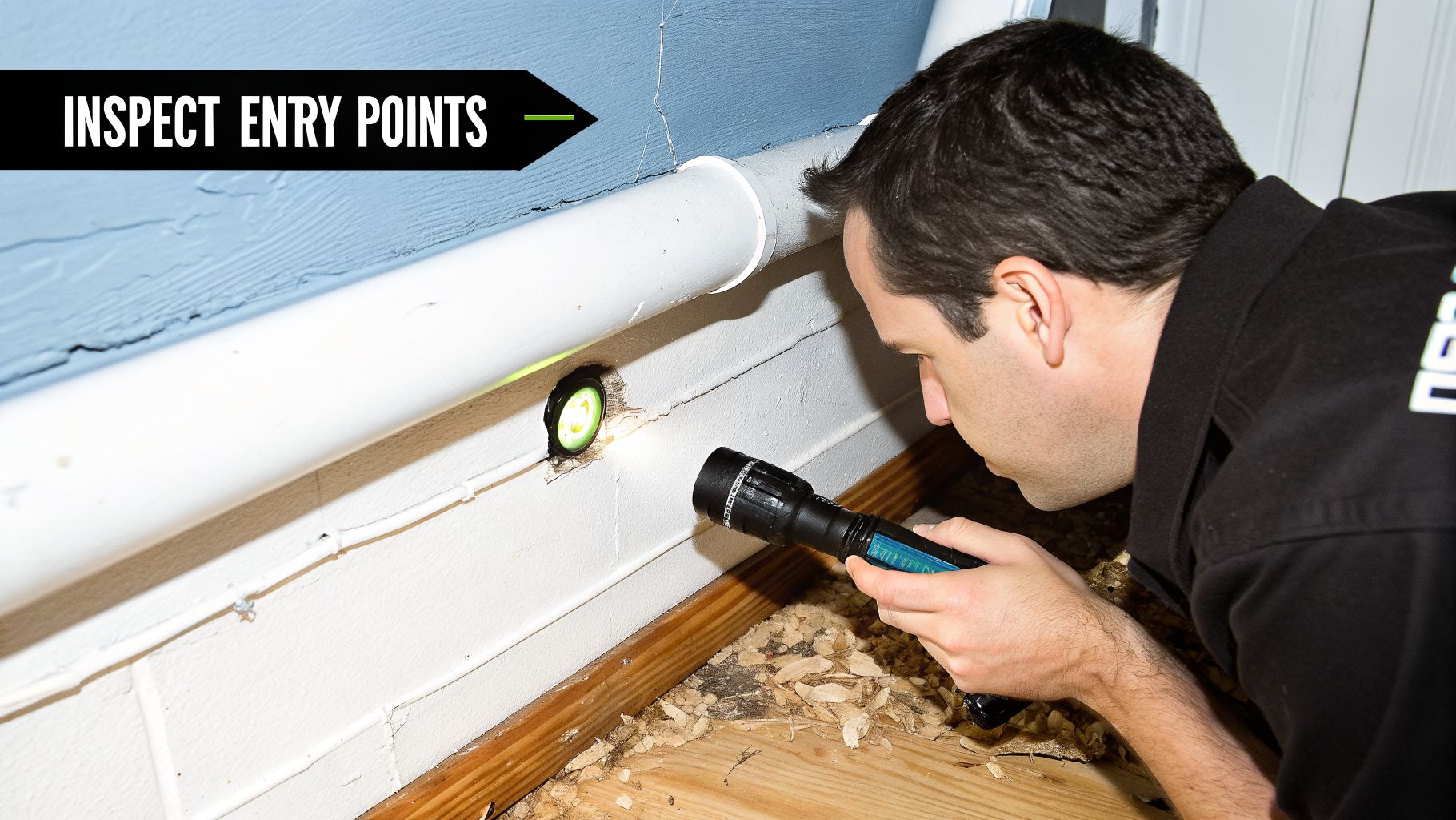 A man uses a flashlight to inspect a wall for rodent entry points in a basement or crawl space.
