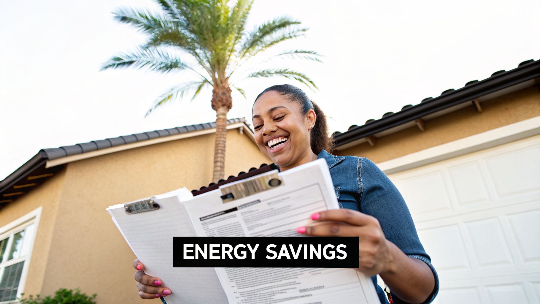 A happy Black woman reviewing documents with "ENERGY SAVINGS" text in front of a house.