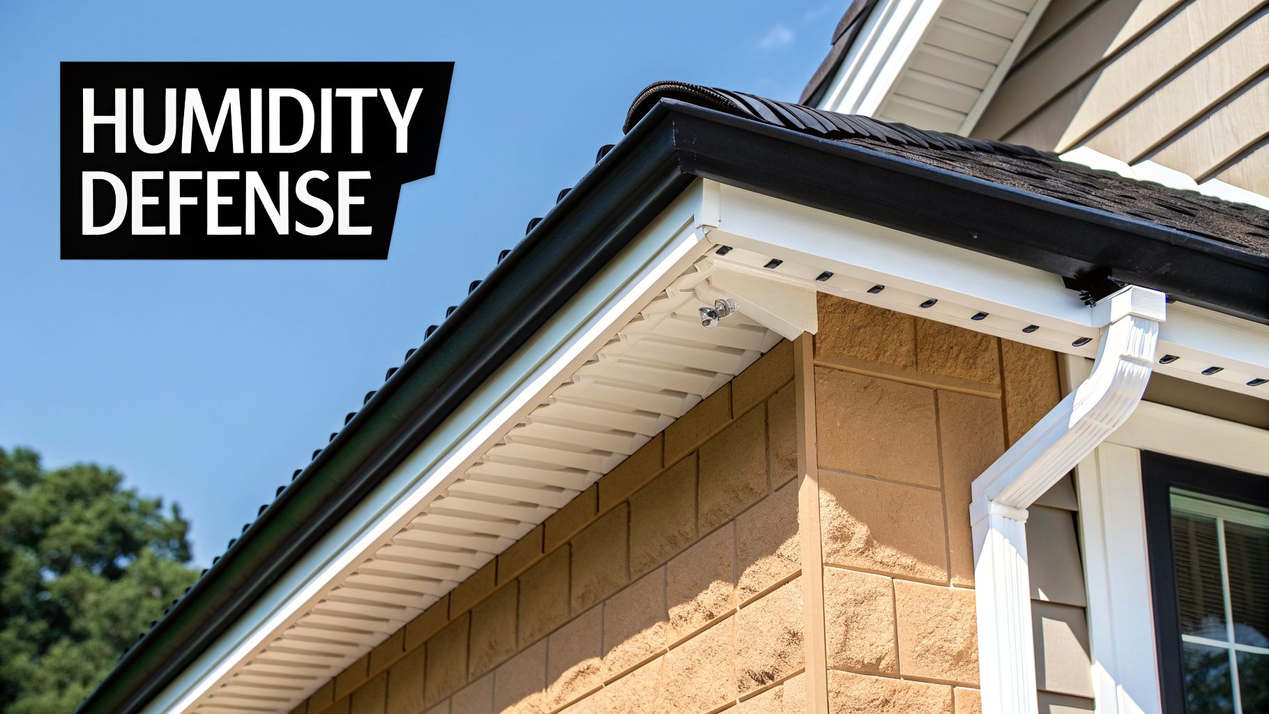 Corner of a house featuring black roof, gutters, white soffit, and brown stone wall with 'HUMIDITY DEFENSE' text.