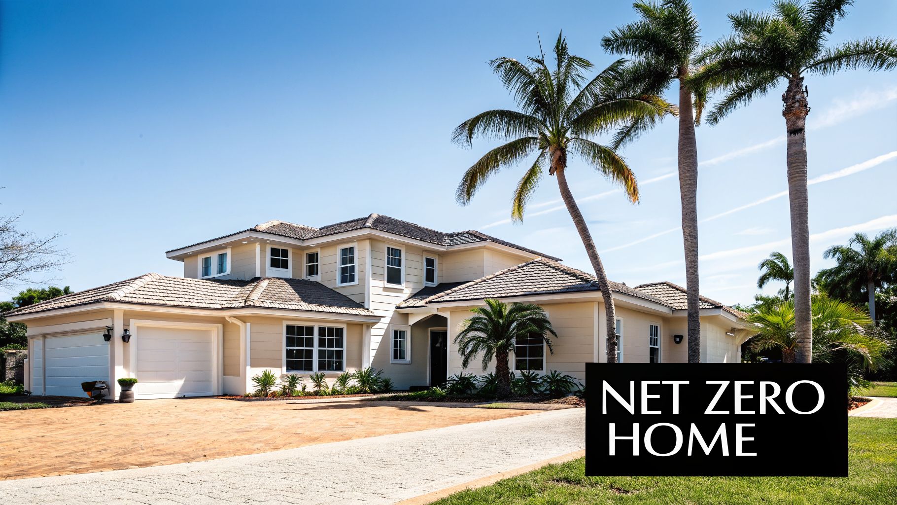 A beautiful modern net-zero home with a tiled roof, palm trees, and a paved driveway.