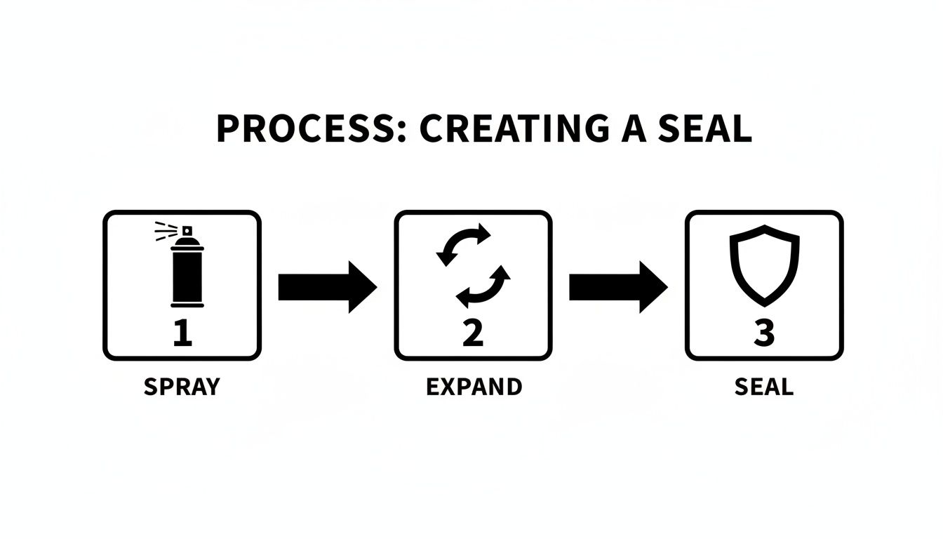 Diagram illustrating a three-step process for creating a seal: spray, expand, and seal, with corresponding icons.