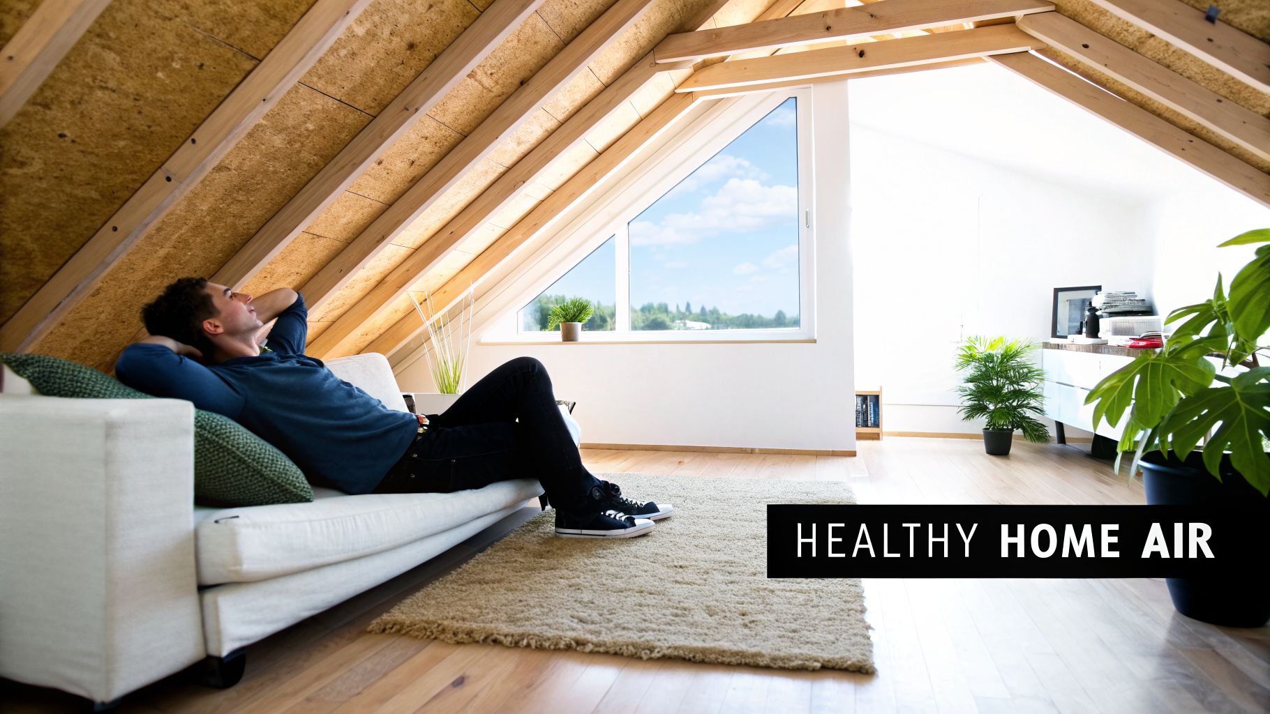 A man relaxing on a comfortable white sofa in a bright attic room with exposed beams and a window.