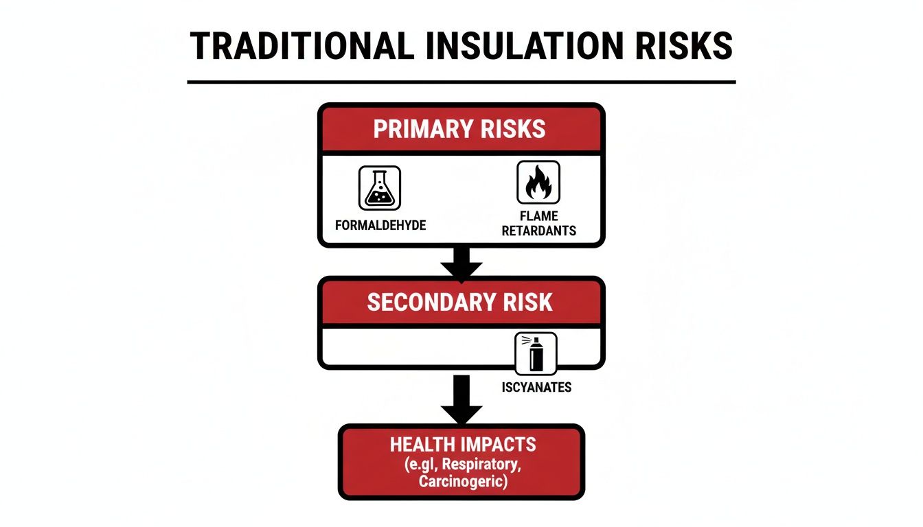 Flowchart showing traditional insulation risks: formaldehyde, flame retardants, isocyanates, leading to respiratory and carcinogenic health impacts.