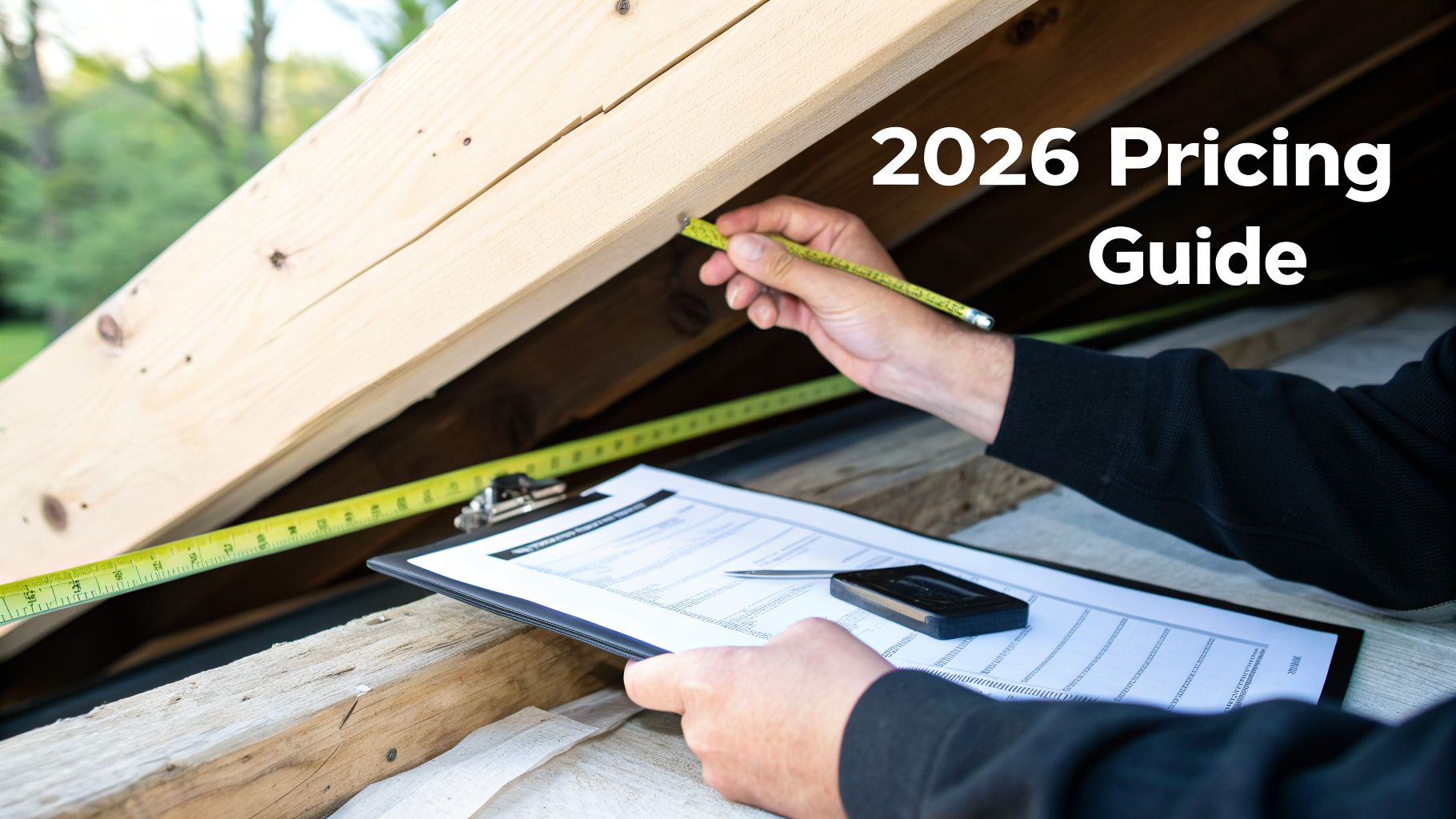 A person measures wooden roof beams with a tape measure, holding a clipboard, next to '2026 Pricing Guide'.