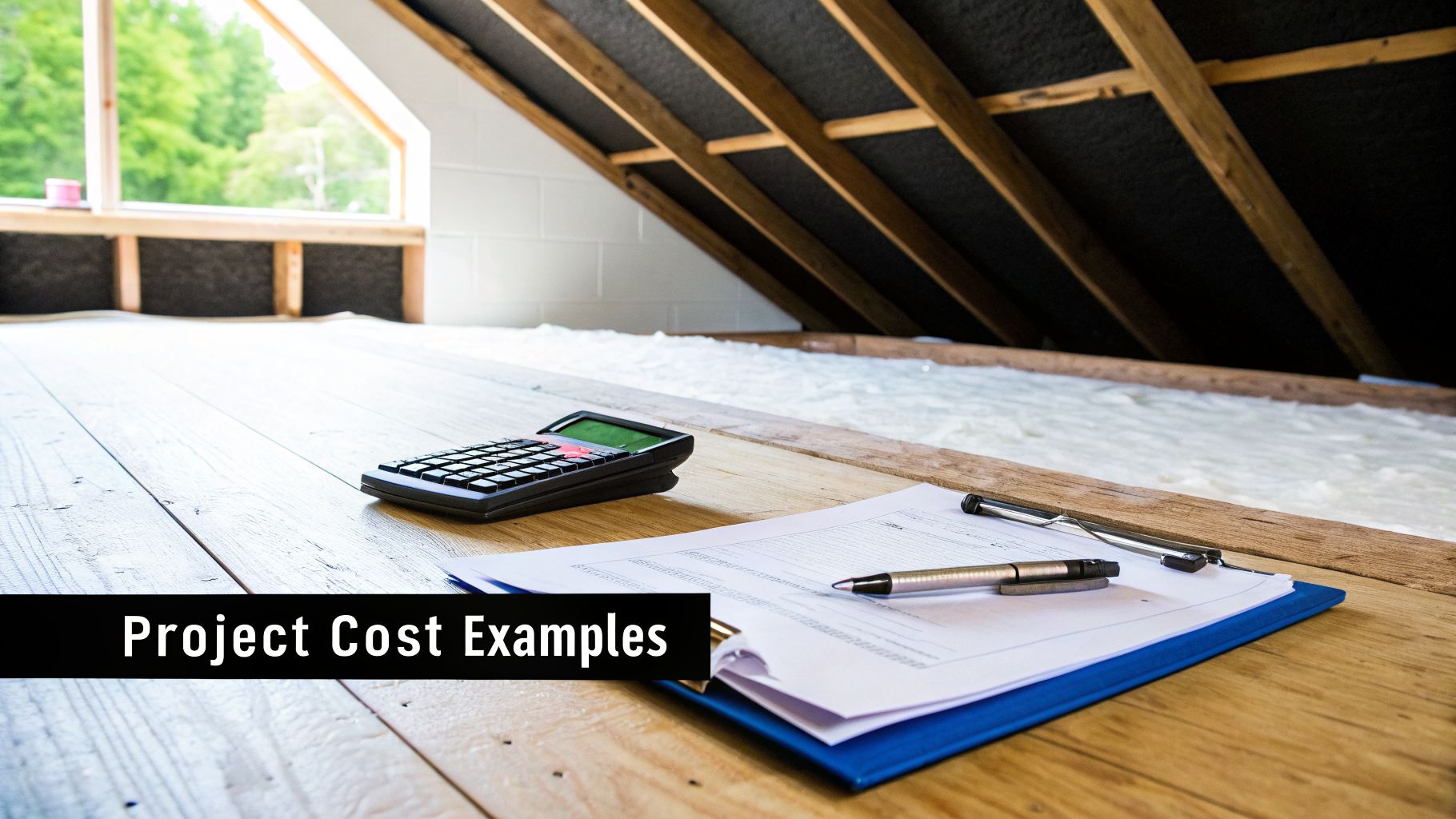 A calculator and project documents on a wooden floor in an attic with new insulation and exposed beams, indicating renovation costs.