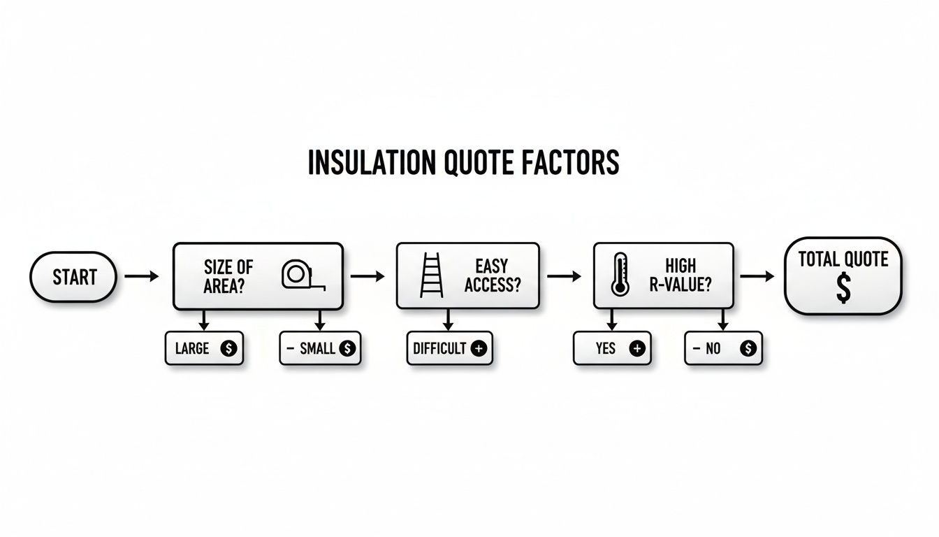 Flowchart detailing insulation quote factors, including area size, access difficulty, and R-value influencing total cost.