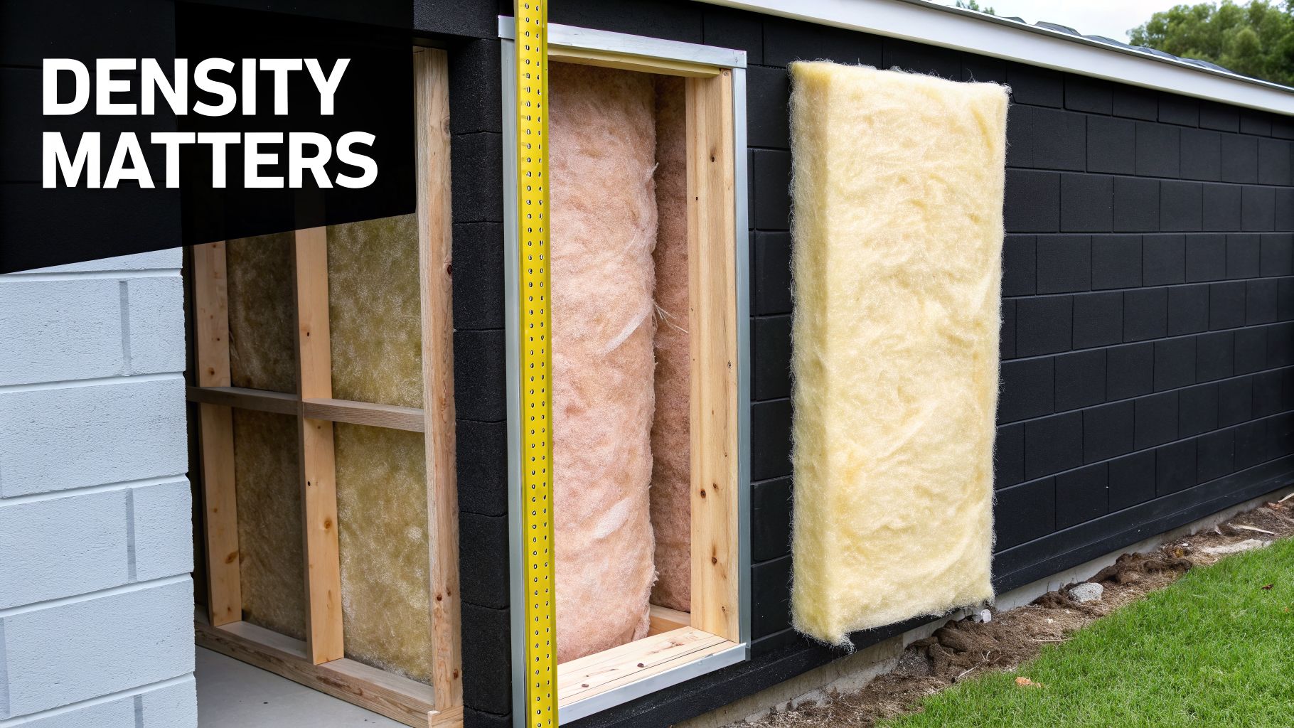 Various types of fiberglass insulation batts, pink and yellow, installed in a wall frame, highlighting density.
