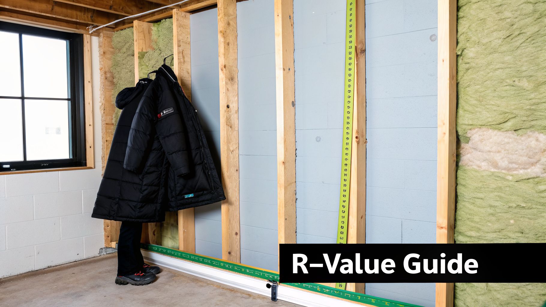 A basement wall under construction with exposed wooden studs, blue insulation boards, and green fiberglass insulation batts, featuring an R-Value Guide.
