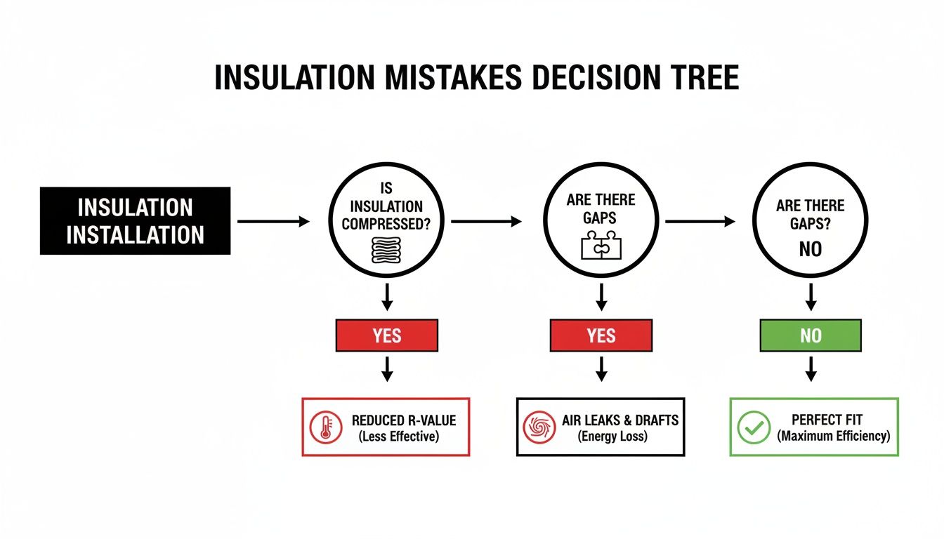 Insulation installation decision tree showing common mistakes like compression, gaps, and the result of a perfect fit.