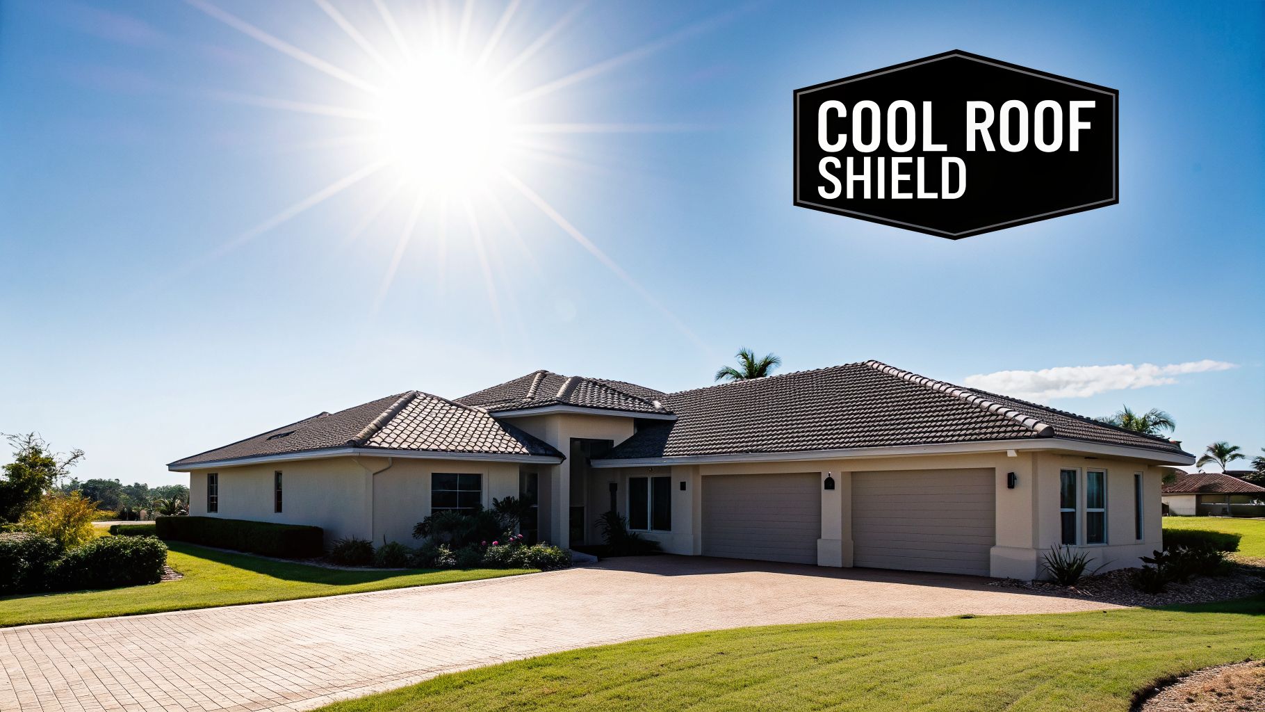 A large beige house with a dark tiled roof under a bright sunny sky, featuring a 'COOL ROOF SHIELD' logo.