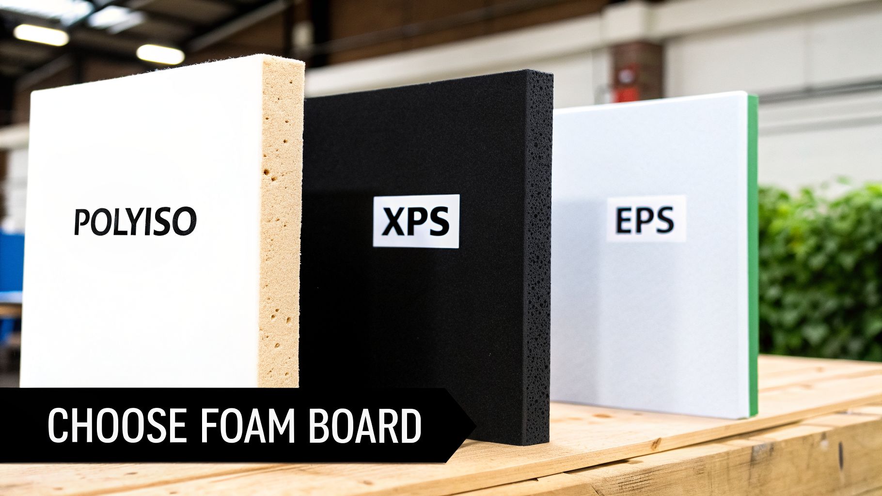 Three different foam board insulation types - Polyiso, XPS, and EPS - standing on a wooden surface.