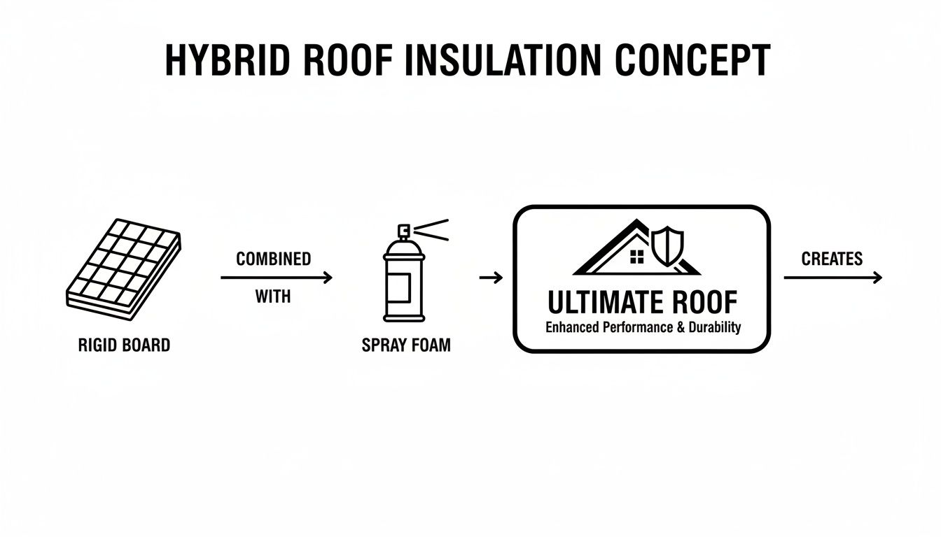 Diagram illustrating the hybrid roof insulation concept combining rigid board and spray foam for ultimate roof performance.
