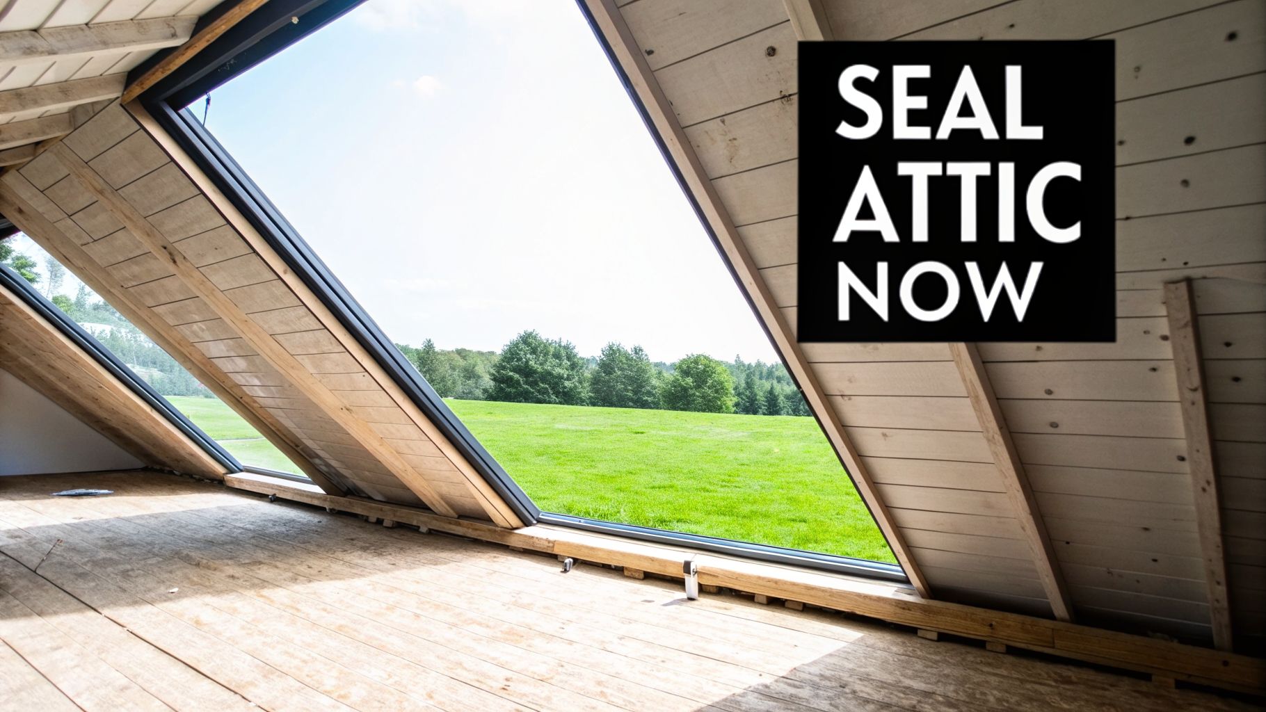A bright attic interior with large skylight windows showing a green field, featuring a 'Seal Attic Now' overlay.