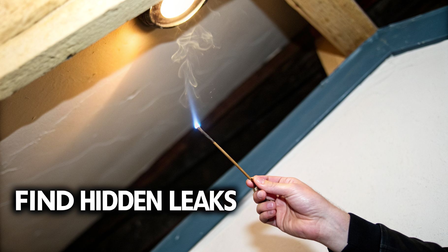A hand holds a lit incense stick, its smoke drifting near a ceiling to detect air leaks.