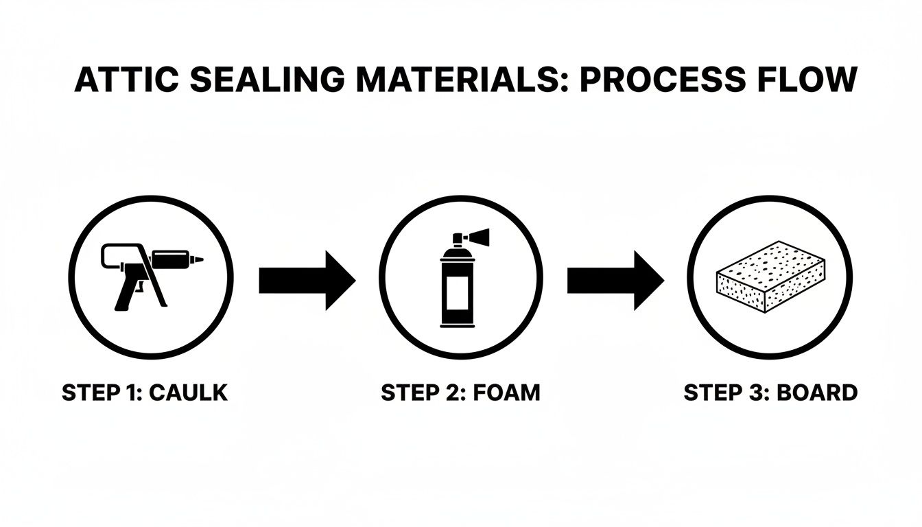 A diagram illustrates the attic sealing process: Step 1 uses a caulk gun, Step 2 involves spray foam, and Step 3 adds an insulation board.