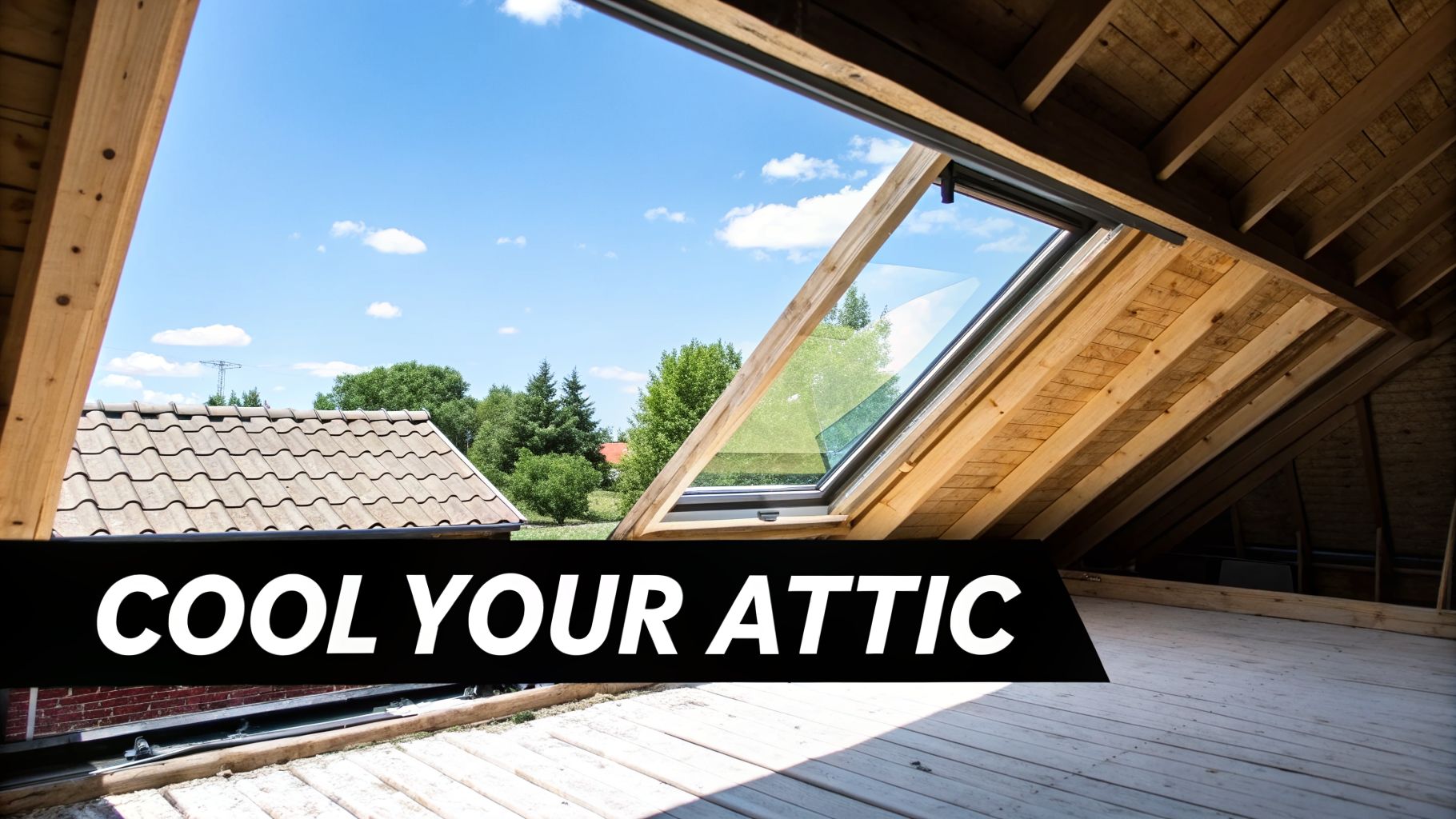 Bright attic interior featuring a large skylight revealing a sunny blue sky and green trees.