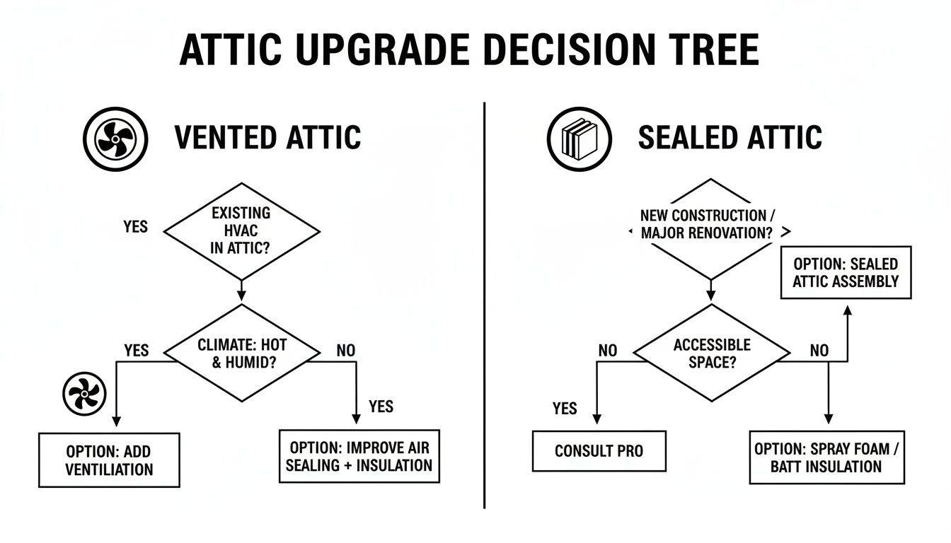 Decision tree for attic upgrades, outlining options for vented and sealed attics based on HVAC, climate, and accessibility.