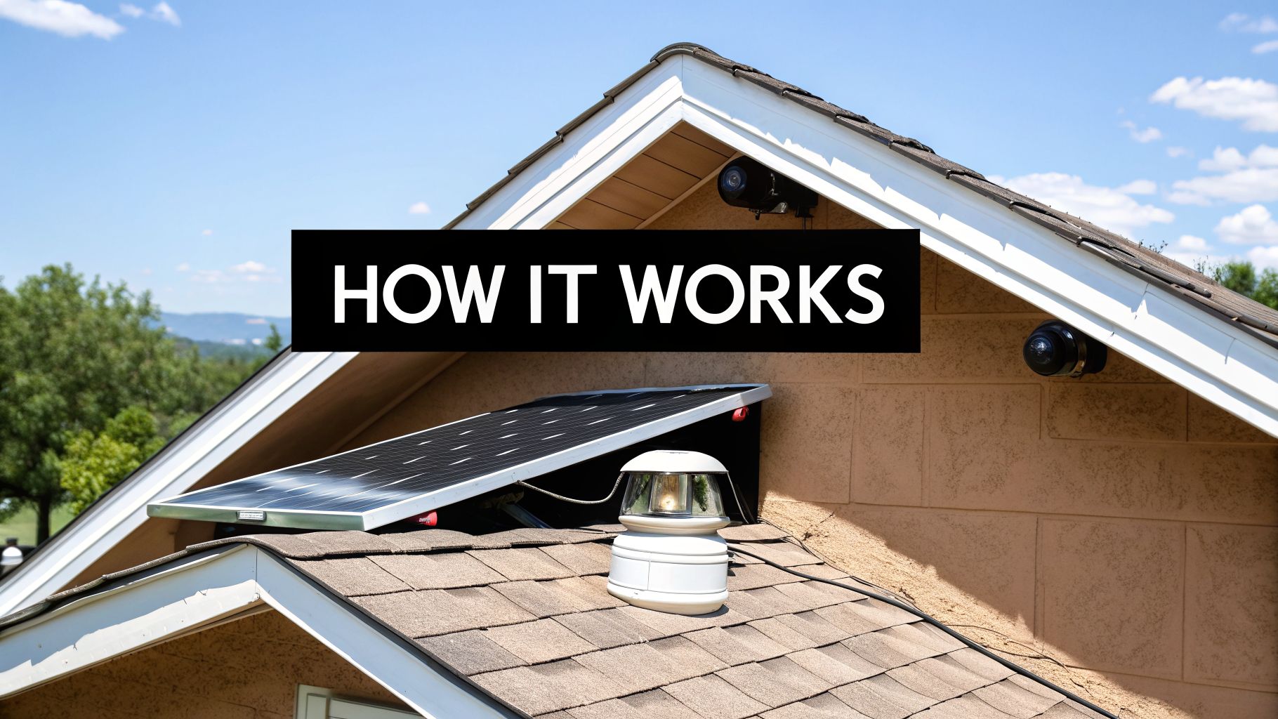 A solar panel and a white attic vent mounted on a house roof under a clear blue sky, with security cameras.